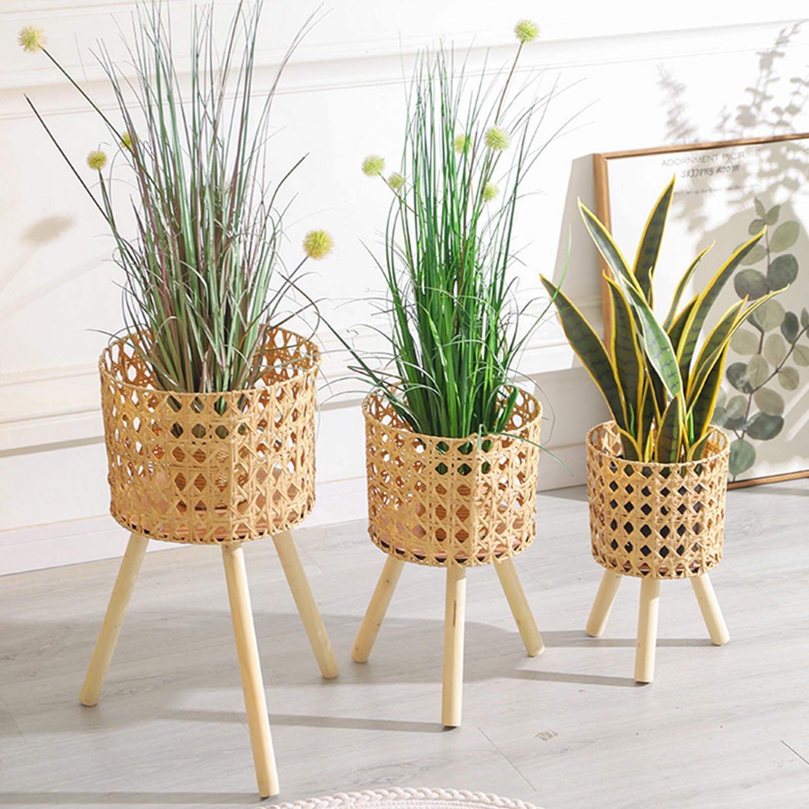 Vaso da fiori in rattan intrecciato a mano con supporto in legno, cestino per interni ed esterni, per decorazioni per la casa e il giardino, supporto per piante