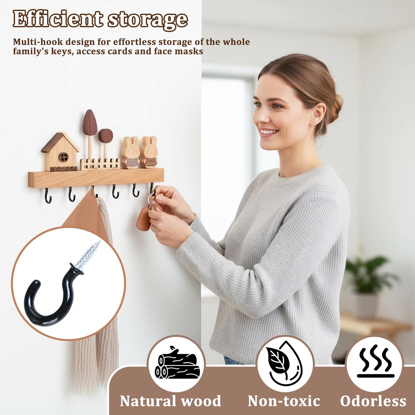 Portachiavi da Parete In Legno con 6 Ganci Rivestiti, Appendi Chiavi a Muro e Funzionale, Installabile Senza Chiodi con Colla Adesiva o con Foratura, Ideale per Casa, Ufficio