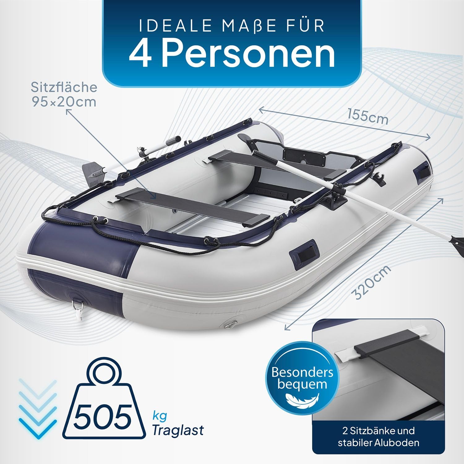 ArtSport Gommone 3,20 m per 4 Persone con 2 panche e Fondo in Alluminio - Barca a Remi con Remi, Pompa, Borsa e Kit di Riparazione - Barca da Pesca Gonfiabile