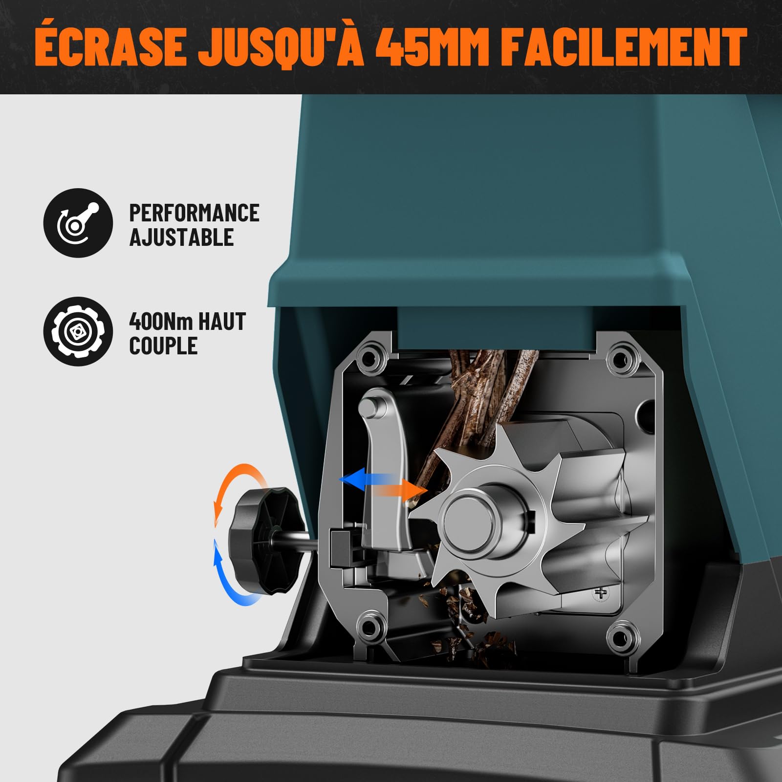 DOVAMAN GT10 Broyeur de Jardin Silencieux, Rouleau à 6 Dents, Ratio de Broyage 18:1, 2800W Moteur Sans Balais, Broie jusqu'à 45mm, 88dB, 55L Bac, Broyage Sans Effort du Déchets de Jardin