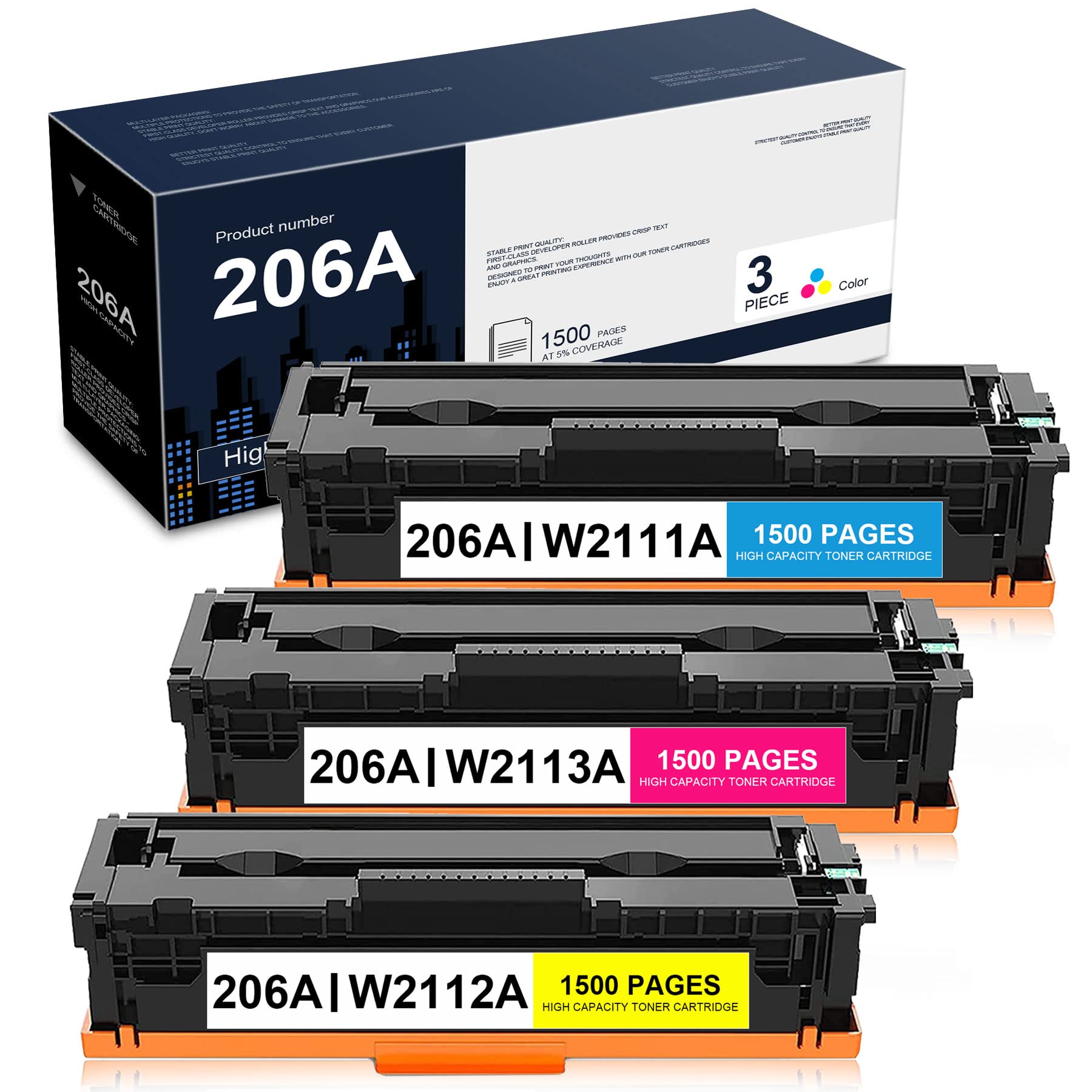 3 Pack(1C+1M+1Y) Compatible 206A Toner Cartridge Replacement for HP Color Pro M255nw M255-M256 Series MFP M283cdw M282-M283 Series M282-M285 Series Printers,Sold by DDDZSWGS