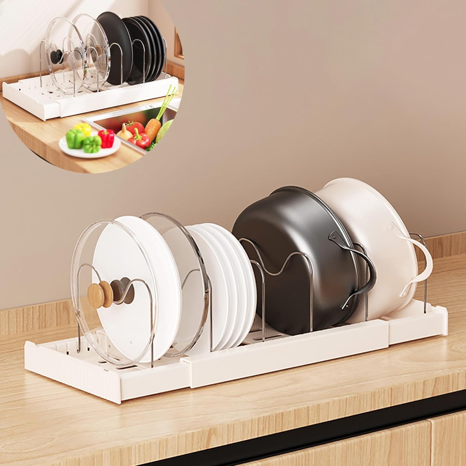 Suicune Expanding Cookware Organizer, Space saving storage for pan lids, baking trays Pot and Pan Organizers Rack,Pot Lid Organizers,Pot racks,Pot holder,Stainless steel Adjustable Dividers Kitchen