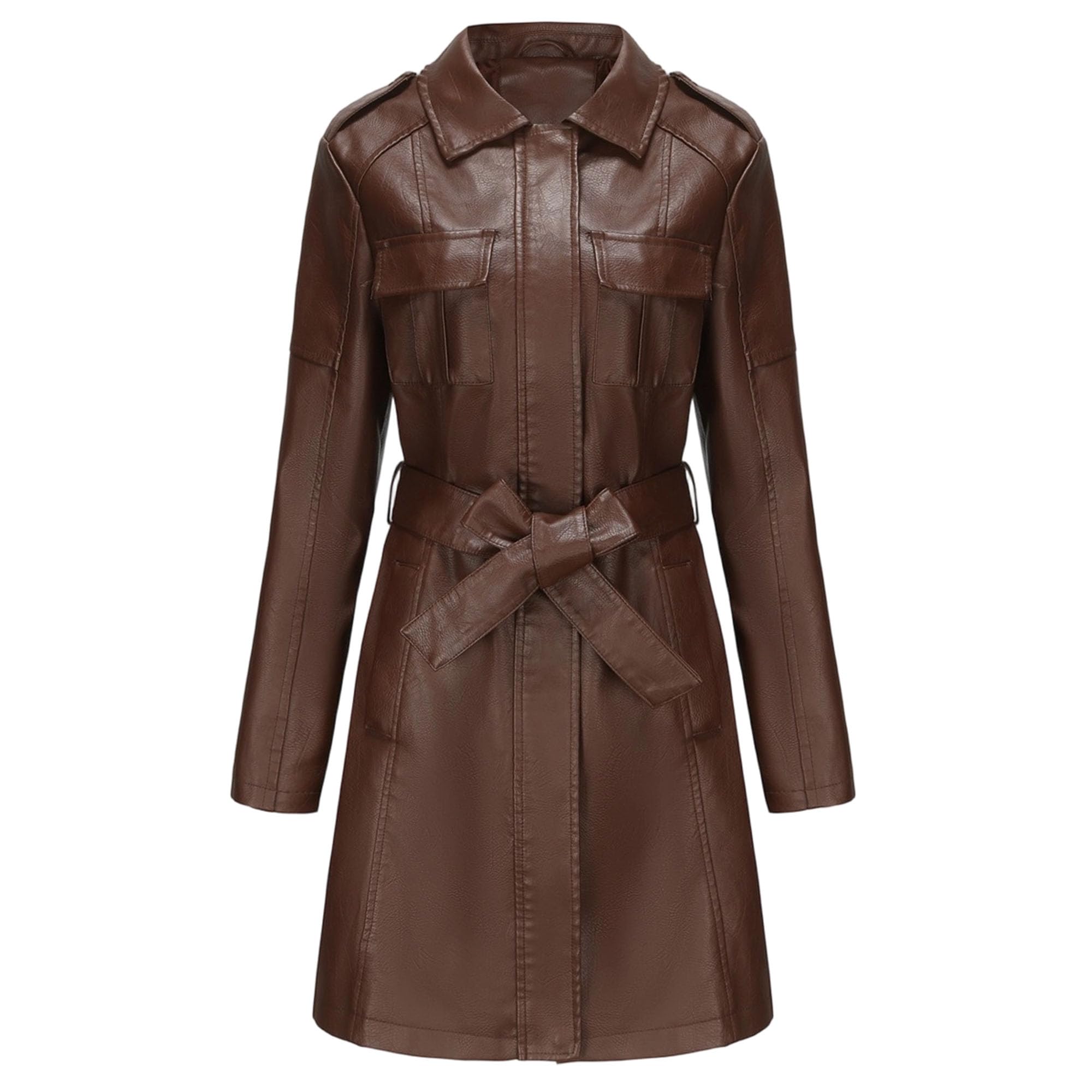 Trench lungo da donna in similpelle PU con cerniera, manica lunga, revers, soprabito con cintura