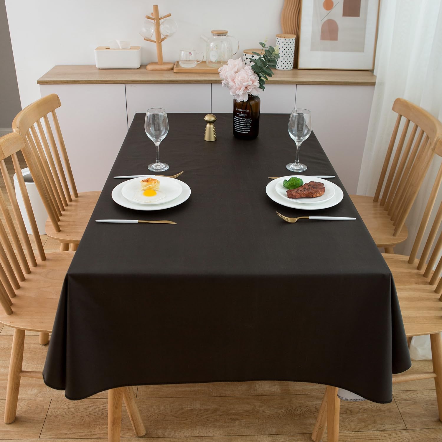 Pioggia Vinyl Tablecloth with Flannel Backing Square Waterproof Oil-Proof Plastic Table Cloth Wipeable PVC Table Cover for Indoor and Outdoor (Black, 60 x 60 Inch)