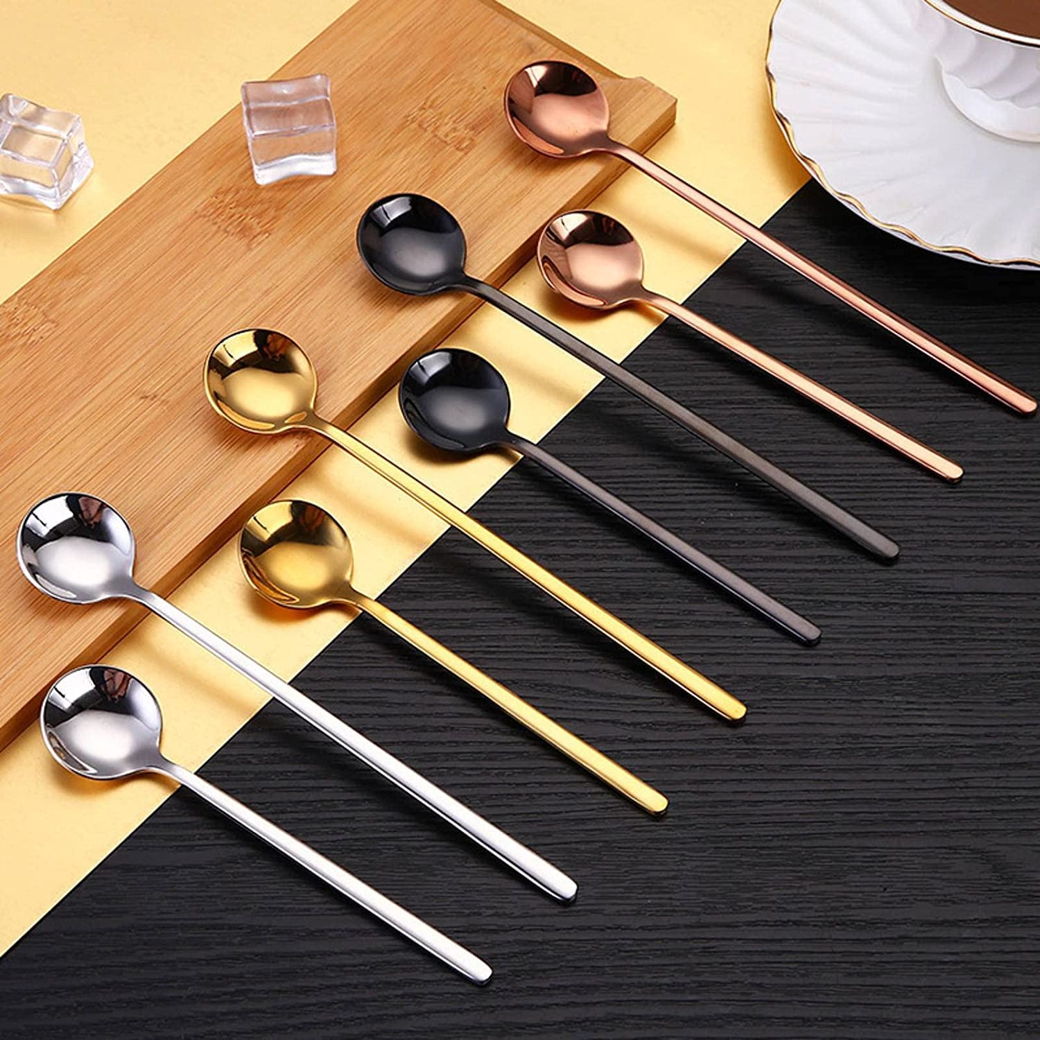 Löffel Restaurants Langer Griff Rührer Löffel Bunte Edelstahl Tee Kaffee Cocktail Mischlöffel Eislauflöffel, 12 Stück Esslöffel Hause(12pcs Rosegold Spoon,13cm)