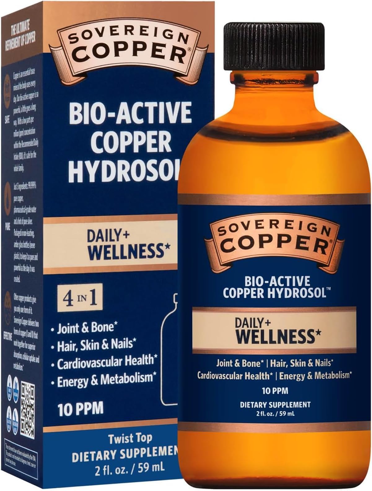 Sovereign Copper Bio-Active Copper Hydrosol, Daily+ 4-in-1 Wellness Supplement for Joint, Bone, Hair, Skin and Nails, Cardiovascular Health, Energy and Metabolic Health Support, 2 fl oz (59 mL)