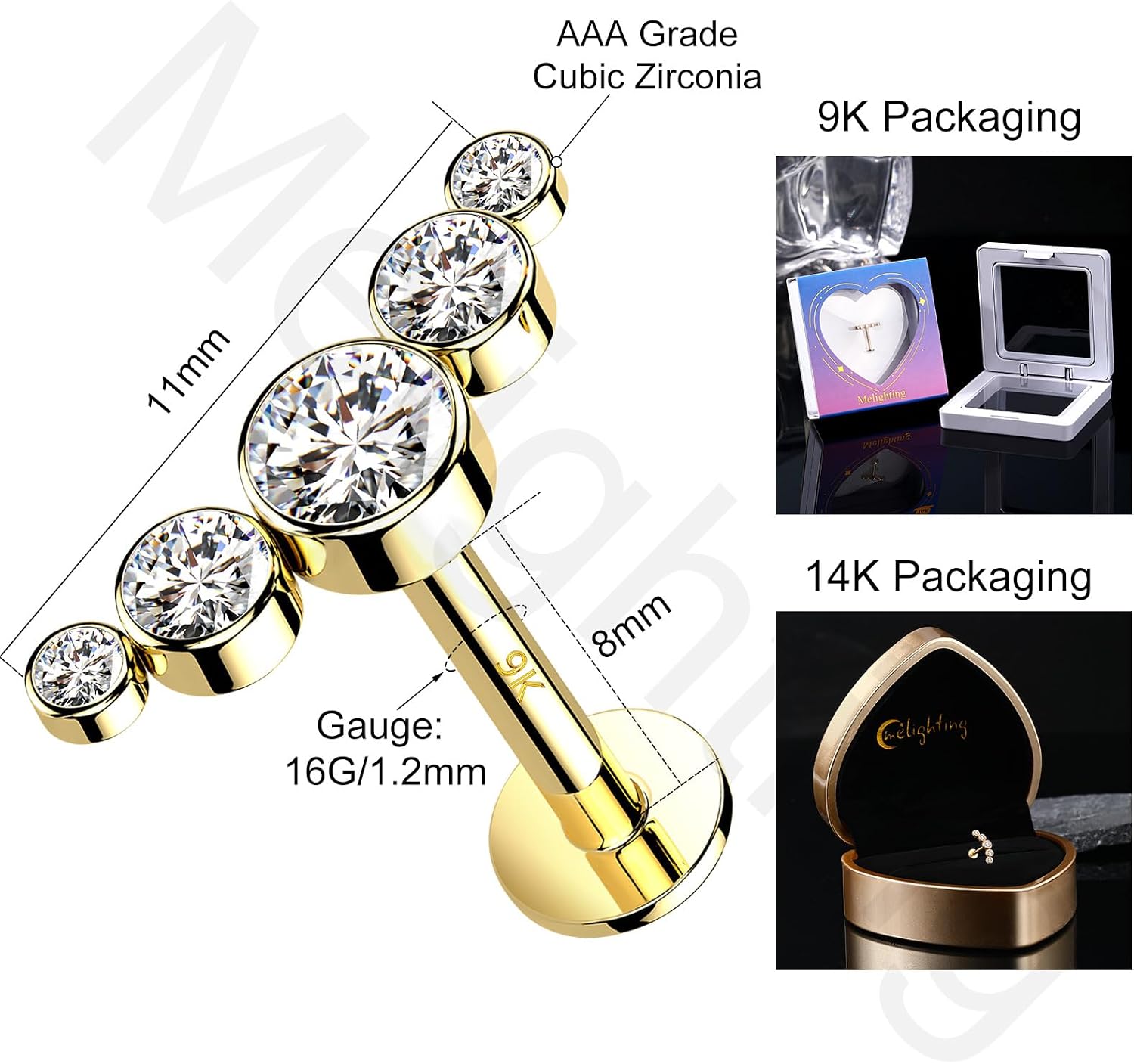 Melighting 14K Solid Gold Cartilage Helix Earring - 16G Curved Piercing Jewelry with Internally Threaded CZ Conch Stone - 8mm