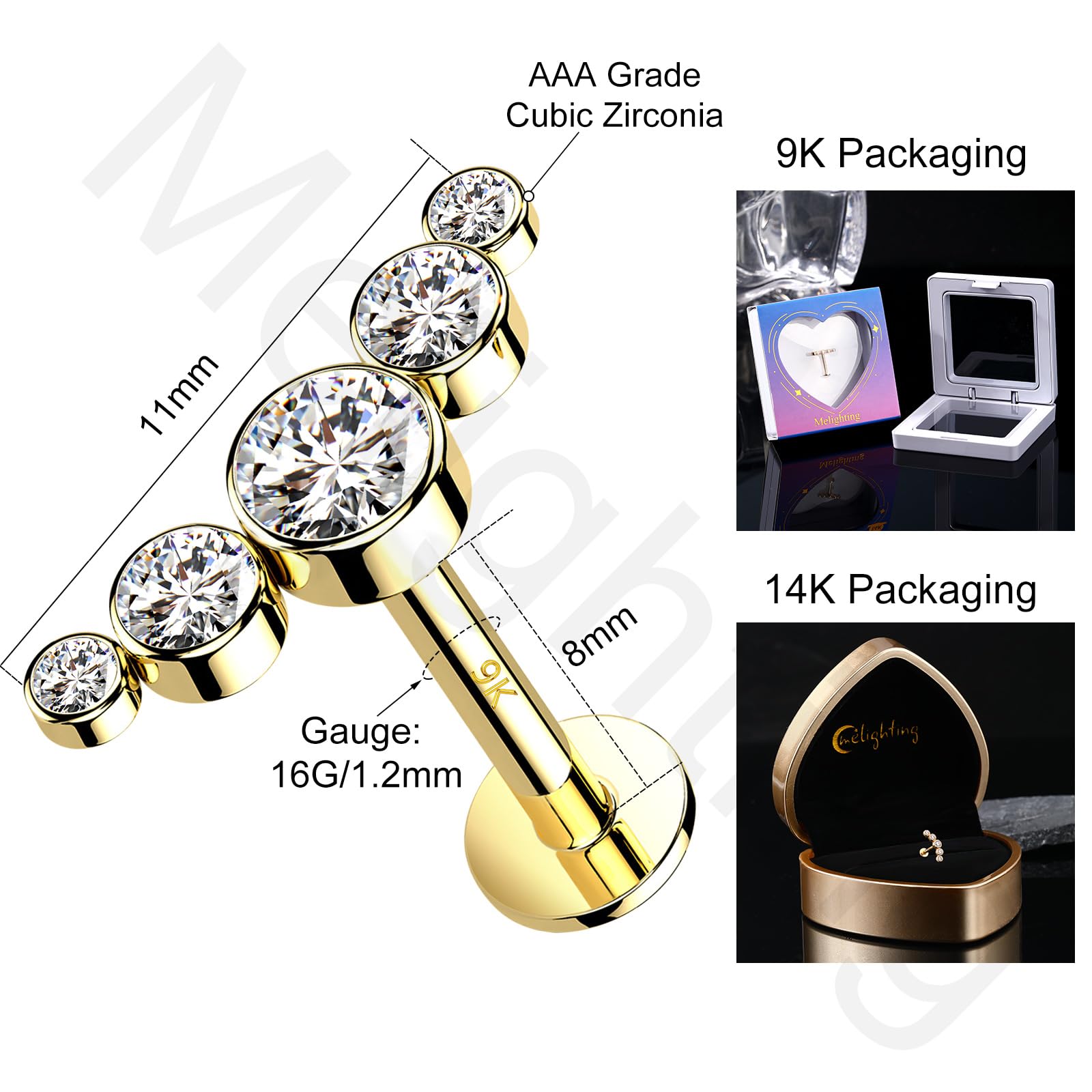 Melighting Pendientes curvados de oro macizo de 14 quilates para cartílago con rosca interna, circonita cúbica, parte trasera plana, 16 g, piercing para labret