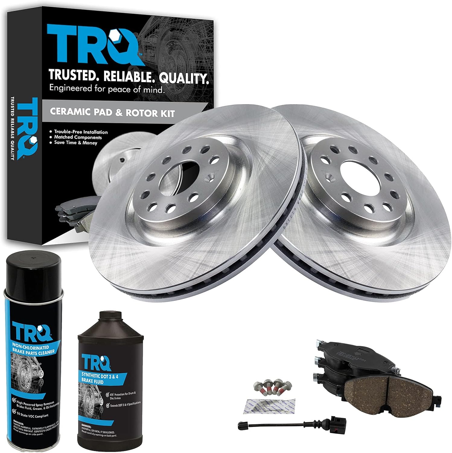 TRQ Front Brake Pad & Rotor Kit Brake Chemical Kit Brake Pads Brake Rotor Ceramic Vented Compatible with 2019 Audi A3 Quattro 2015-2018 Volkswagen GTI