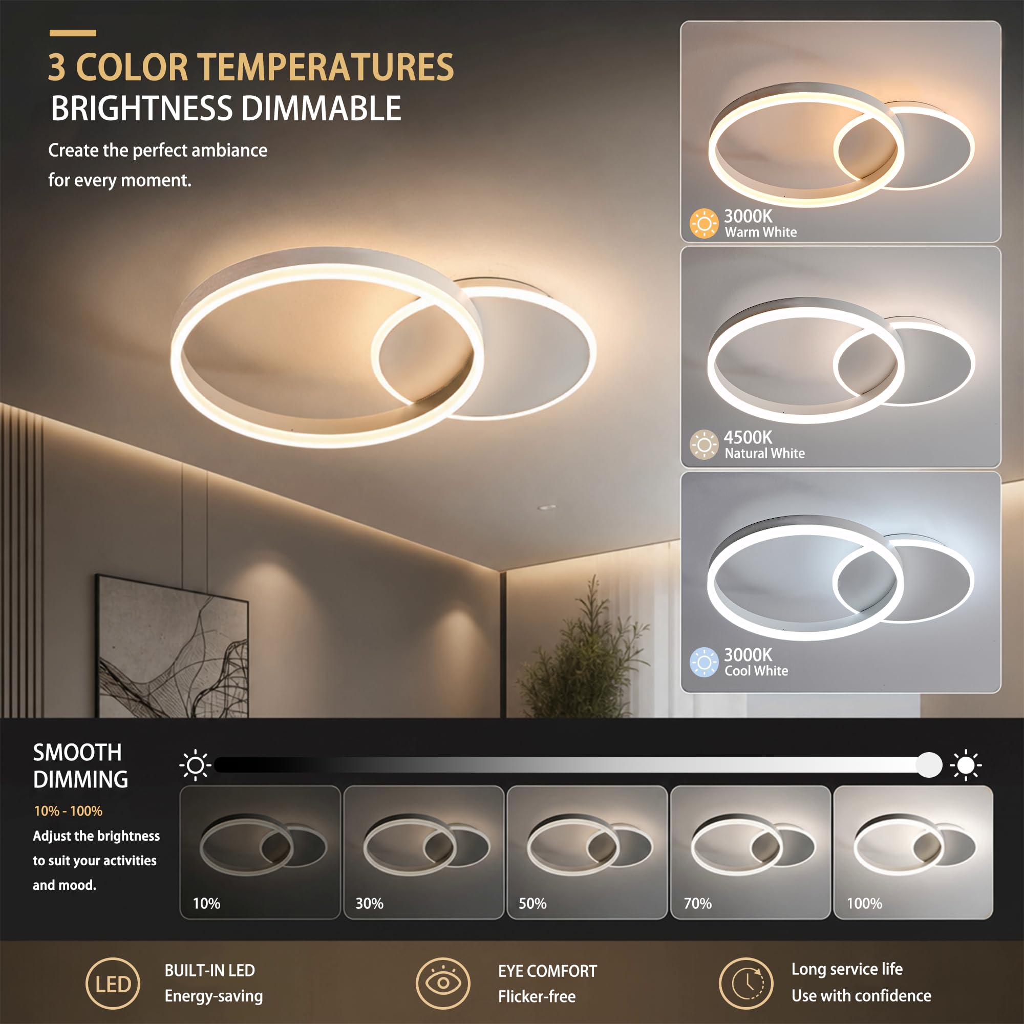 Plafoniera LED Soffitto 36W, Plafoniera LED Dimmerabile 3000K-6000K | lampadario camera da letto con Telecomando, lampadario soffitto moderno, Alluminio, Salone da Due Cerchi, luci soffitto