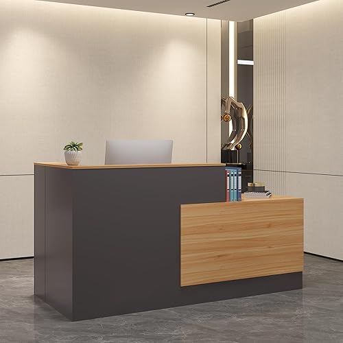 Vista 7 de Escritorio de recepción en forma de L con cajones con cerradura, archivador ajustable y bandeja para teclado, mostrador frontal moderno