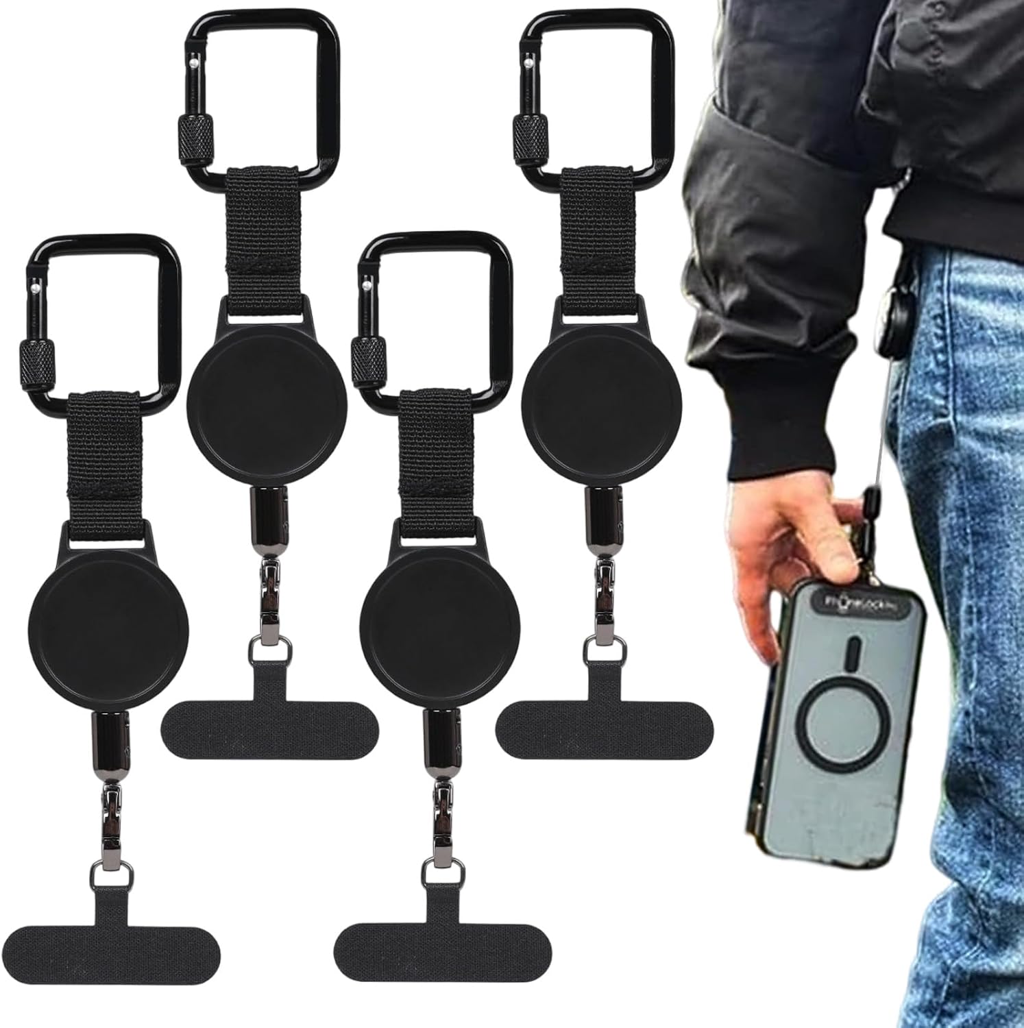 Outdoor Anti-Theft Retractable Phone Lanyard, Universal Phone Tether Anti Theft, 23.6″ Retractable Steel Line with Locking Carabiner, for Outdoor Hiking Climbing Fishing, Black (4Set)