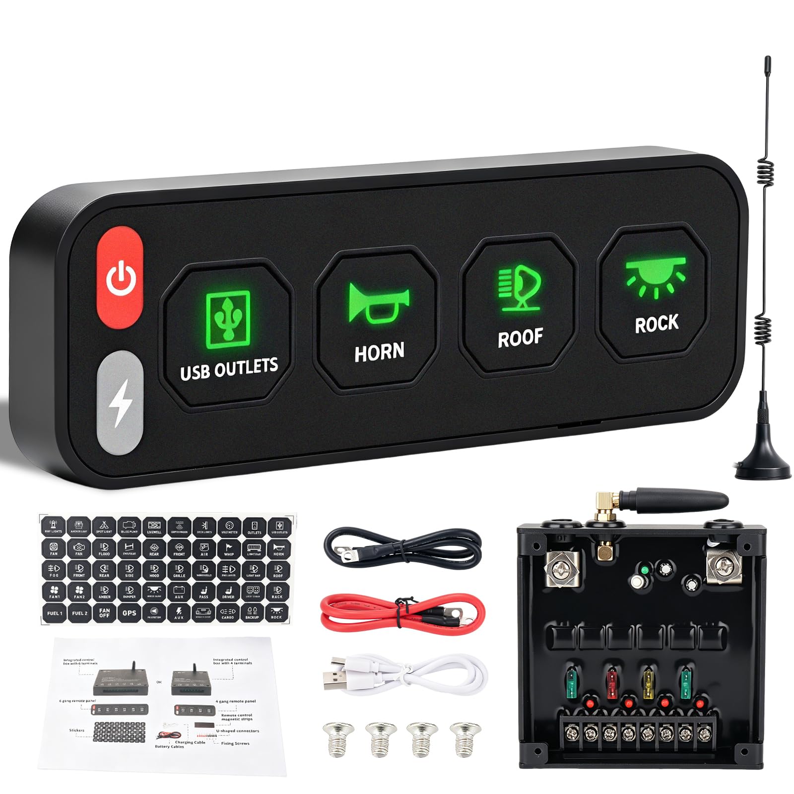 Chelhead Panel de conmutación inalámbrico de 4 marchas, panel de interruptor de una fila para vehículos con función estroboscópica de conmutación 12 V – 24 V, sistema de control de relé universal