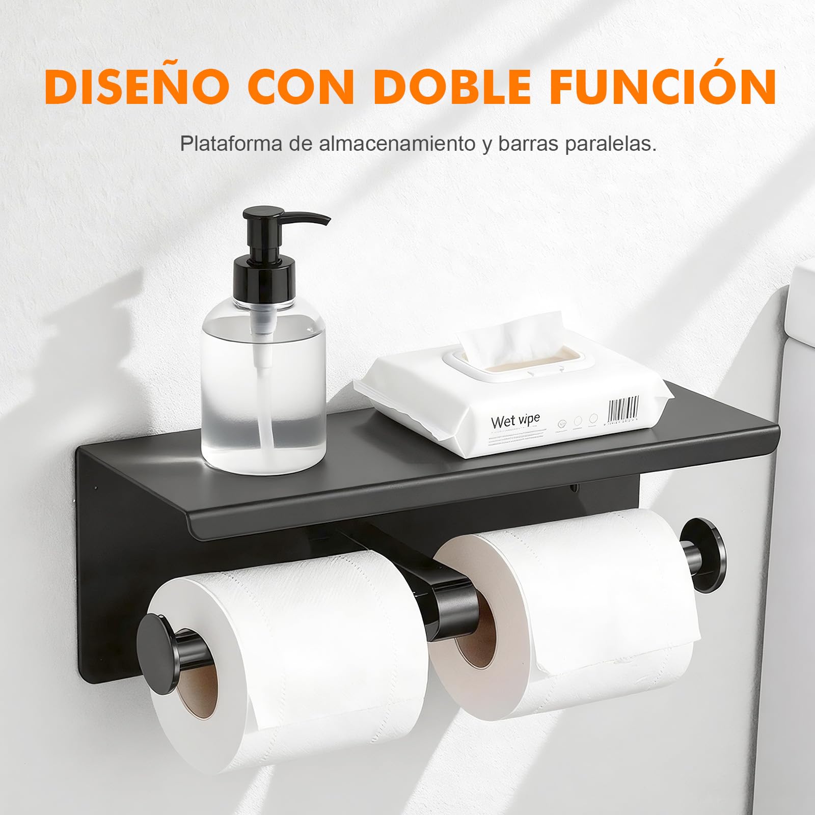 Ibergrif Portarrollos de Papel Higiénico Doble con Estante, Soporte Papel Higiénico de Acero Inoxidable para Pared, Instalación Adhesiva o con Taladro, Portarrollos para Baño o Cocina, Negro — view 2