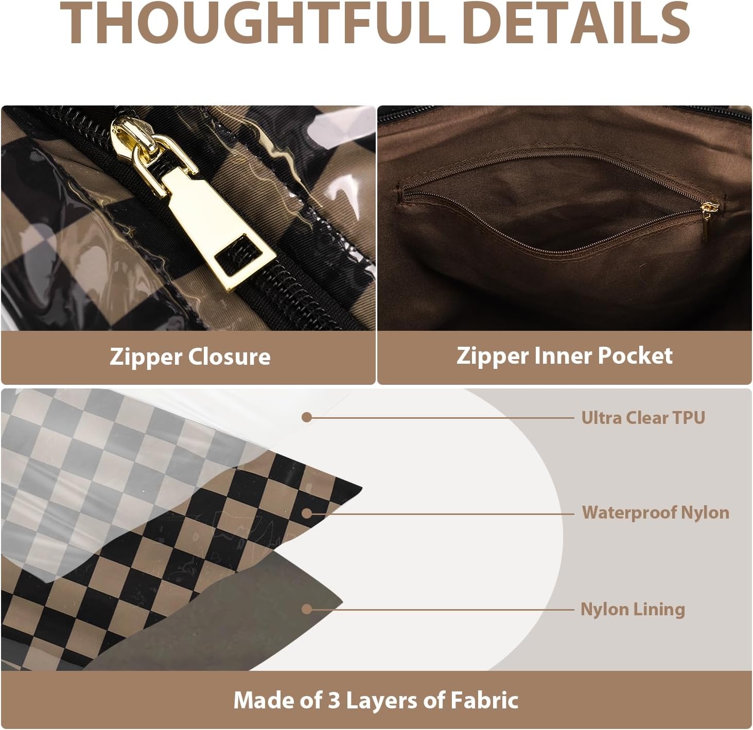 Lushandy Checkered Tote Bag Women's PVC Tote Bag with Zipper Plastic Letters Print Hobo Handbag Checkered Purse for Work