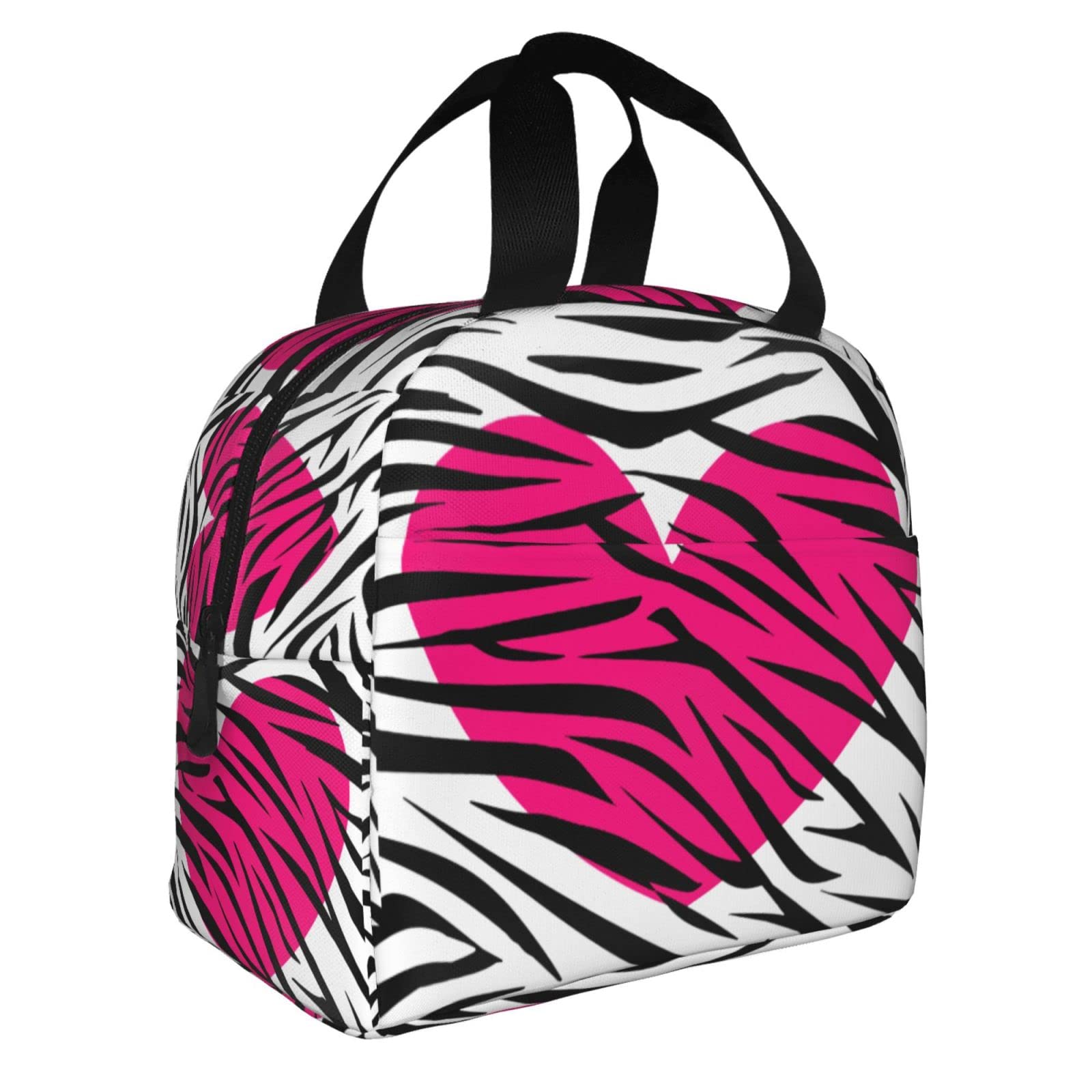 Hot Pink Heart Black White Zebra Print Lunch Bag Tote Bag Portable Insulated Reusable Lunch Box For Office
