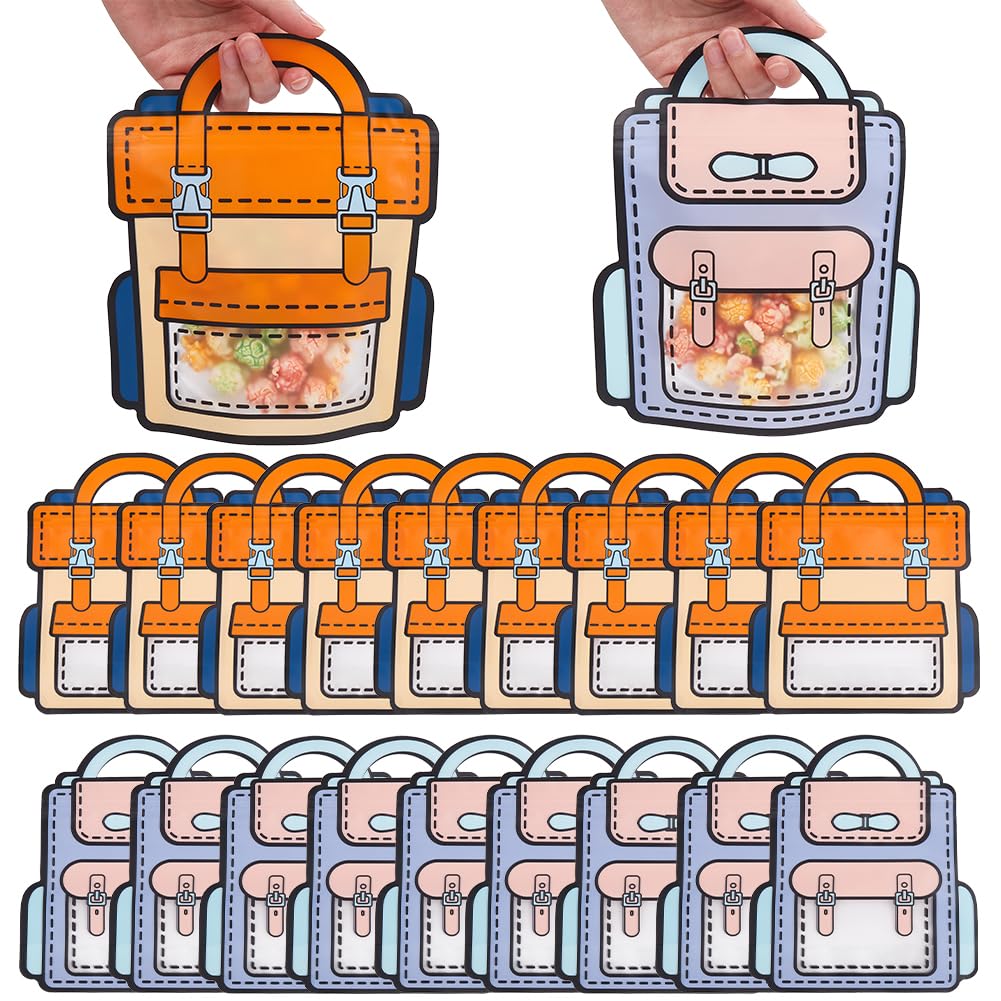 SOFPLATE 20Pcs 18x21cm Plastic Gift Bags Cartoon Backpack Goodie Bag Bulk Reusable Back to School Birthday Party Favor Bag with Handle Candy Bags for Snacks Sweets Storage Packaging Christmas Weddings