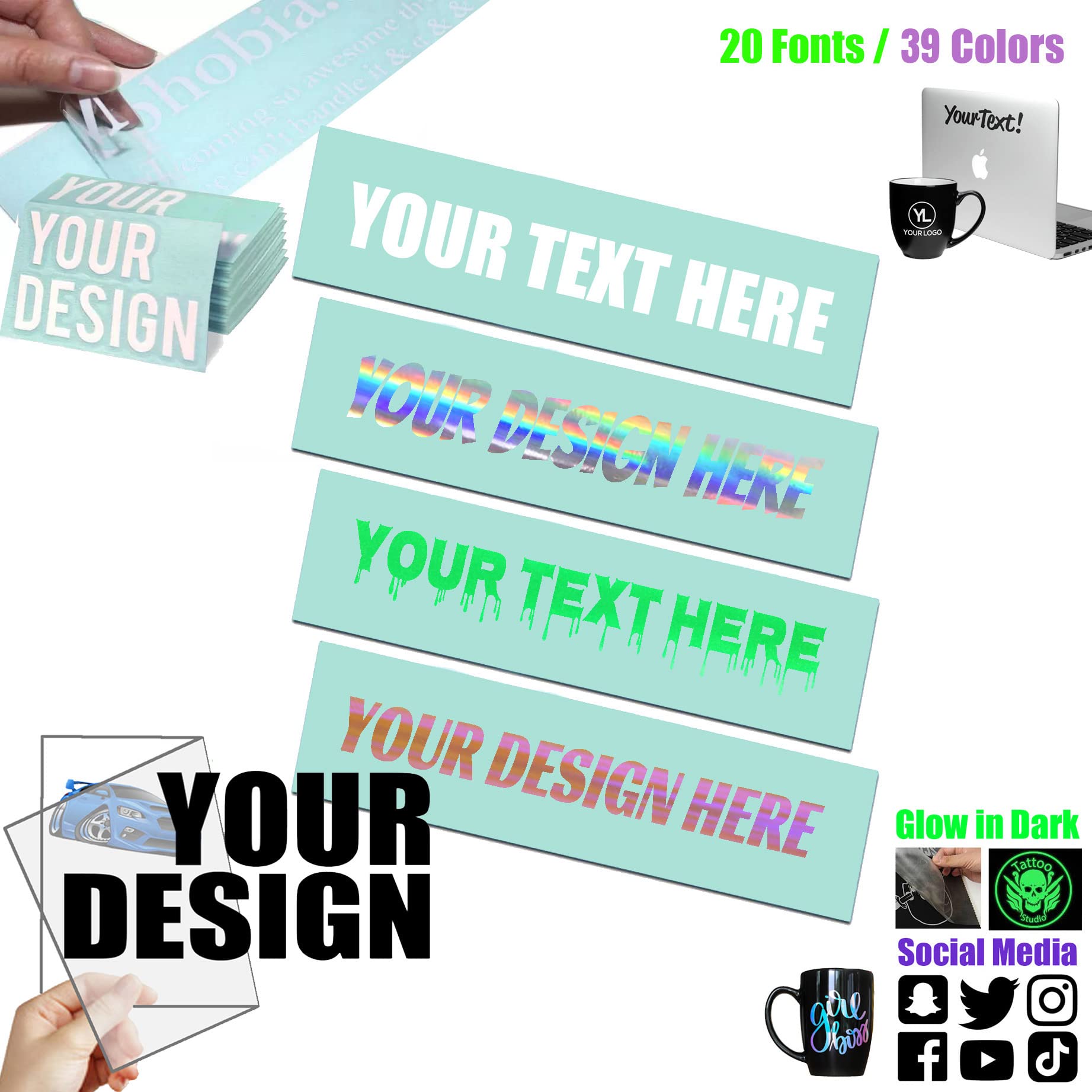 Custom Text Stickers | Custom Vinyl Lettering | Custom Social Media Decal Stickers | Customized Name Username Logo Brand Vinyl | Custom Transfer Car Bumper Decal Stickers | Custom Holographic Vinyl Decal | Easy to Apply on Car, Truck, Bumper, Windshield, Boat, Home Decor, Wall, Window, Door, Sign, Cup, Bottles - 20 Fonts & 39 Colors