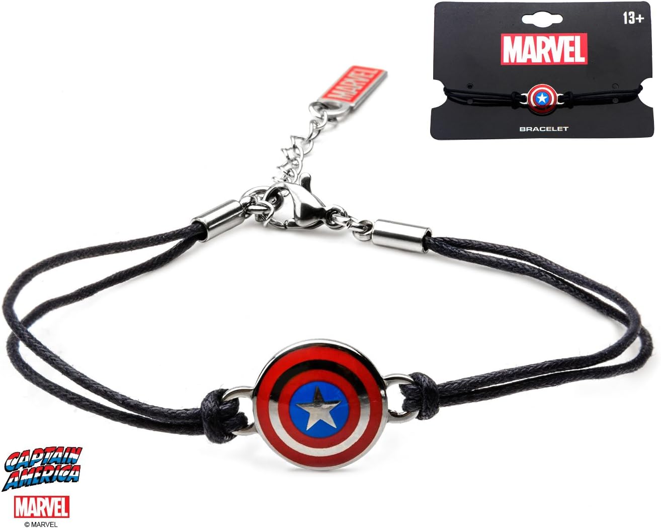 Captain America Shield Logo in Black Leather Cord Bracelet