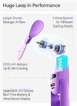 JISULIFE Handheld Travel Fan, Upgraded Mini Portable Fan with Up to 24 Working Hours for Long-term Outdoor Cooling, Combines Power Bank and Flashlight, Used for Summer, Cruise, Concert, Lash-Purple