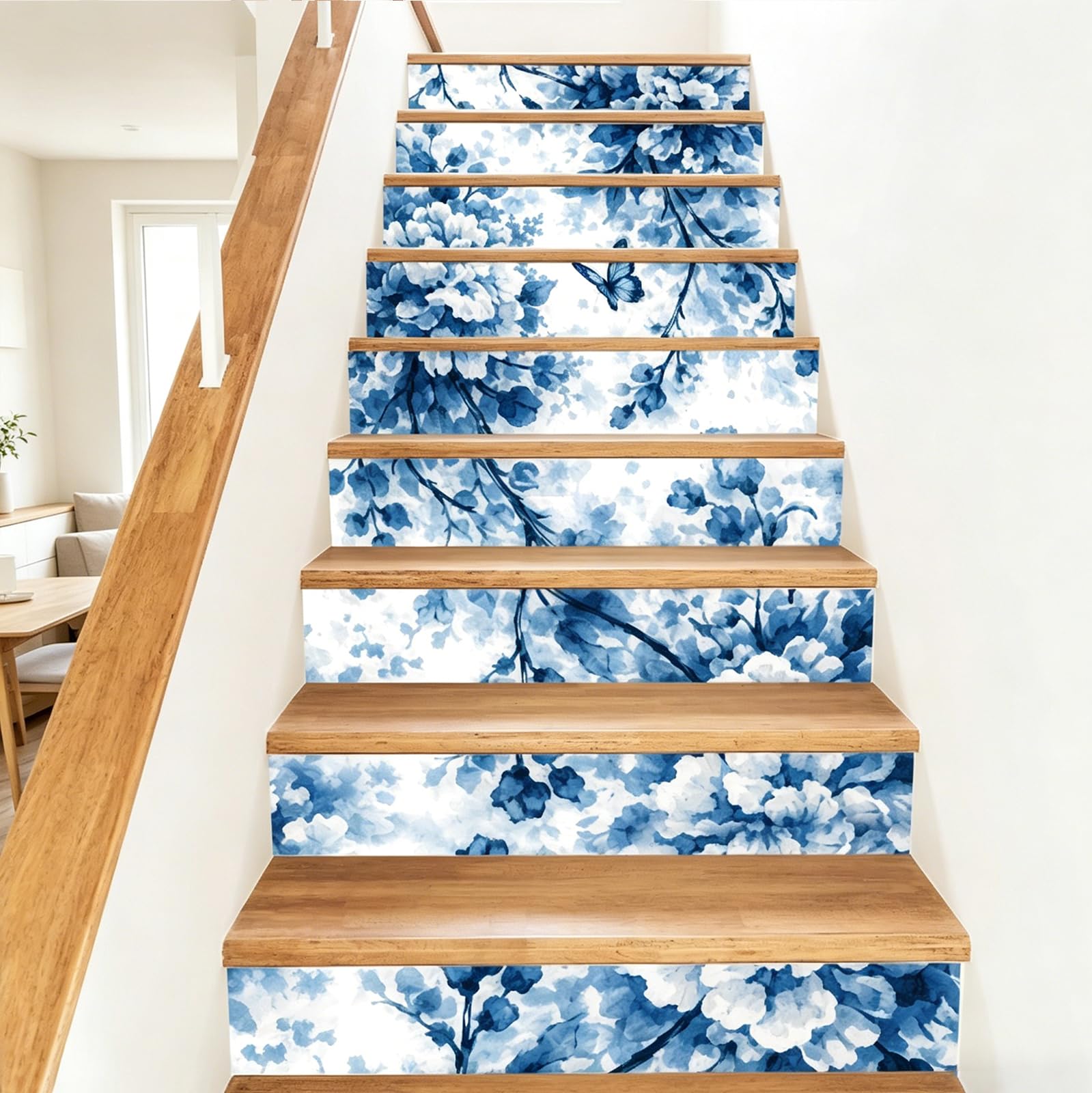 PLIGREAT 15 Sheets Stair Riser Decals, Ink Wash Flower Branches Peel and Stick Staircase Stickers Self-Adhesive Art Staircase Murals for Steps DIY Home Hotel Stair Makeover Decor, 7.1"x39"/18x100cm