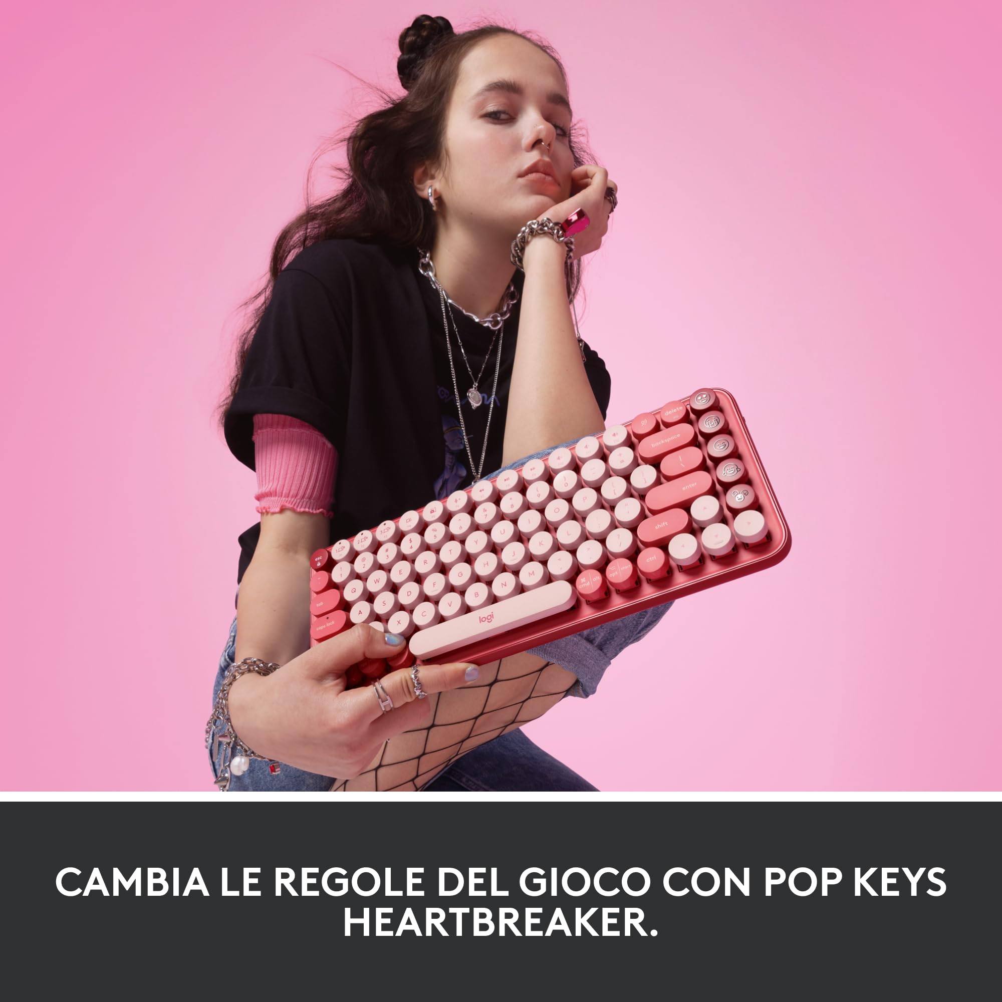 Logitech POP Keys Tastiera Meccanica Wireless con Tasti Emoji Personalizzabili, Design Compatto Durevole, Bluetooth o USB, Compatibilità Multidispositivo e OS, Italiano QWERTY - Heartbreaker