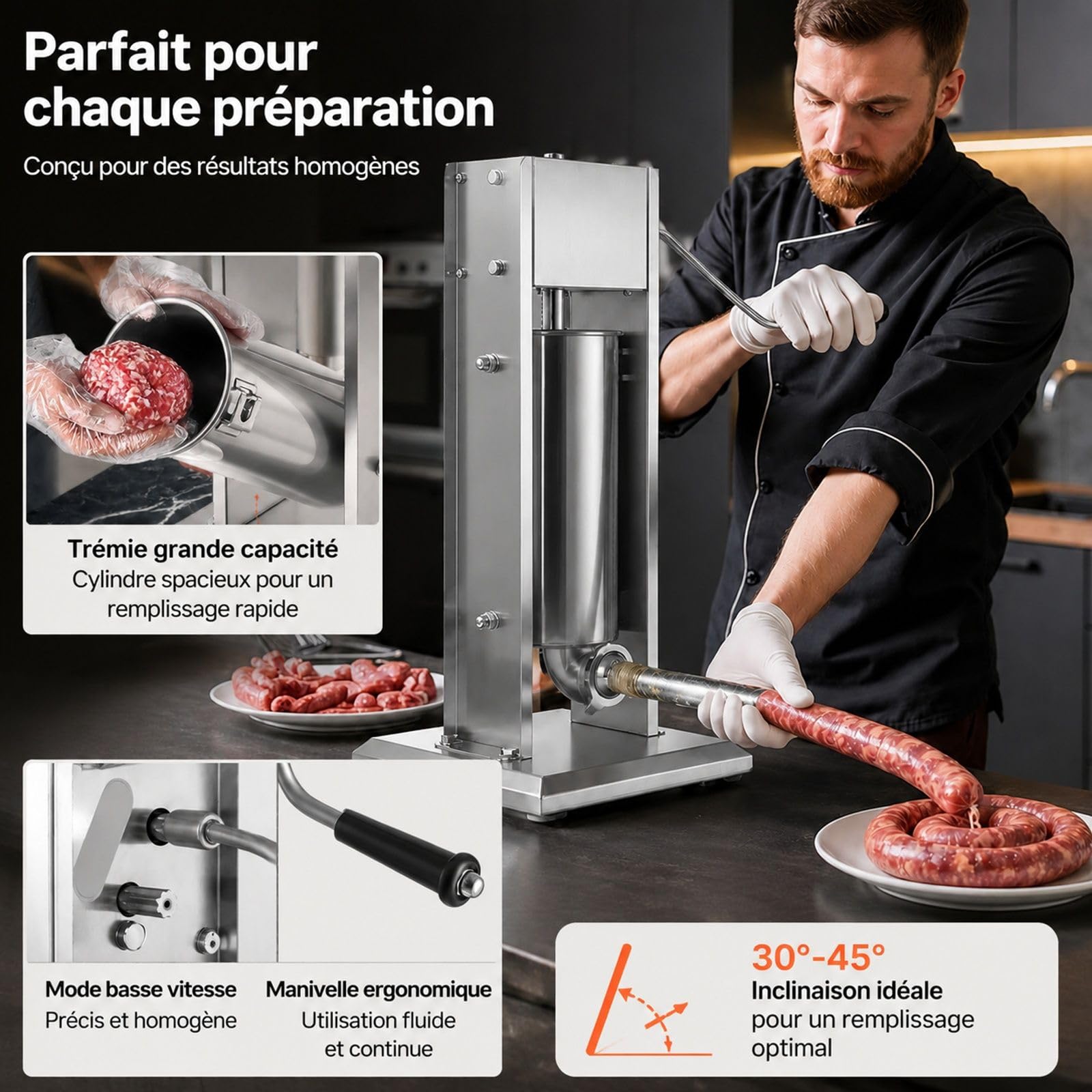 Poussoir à saucisses manuel vertical 5 L en acier inoxydable avec 5 tubes de remplissage pour cuisine domicile et restaurant