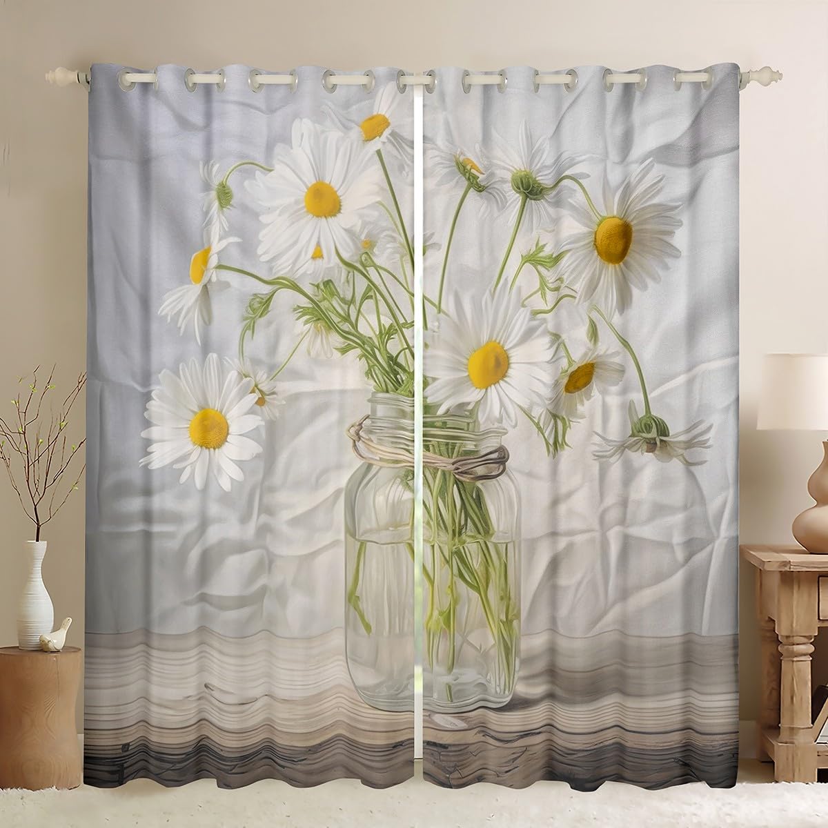 Homemissing Daisy Curtains for Bedroom Kids Girls Botanical Floral Printed 30%-50% Blackout Curtains Natural Theme Darkening Drapes Decor Garden Plants Design Window Treatments W46*L54 — image 1