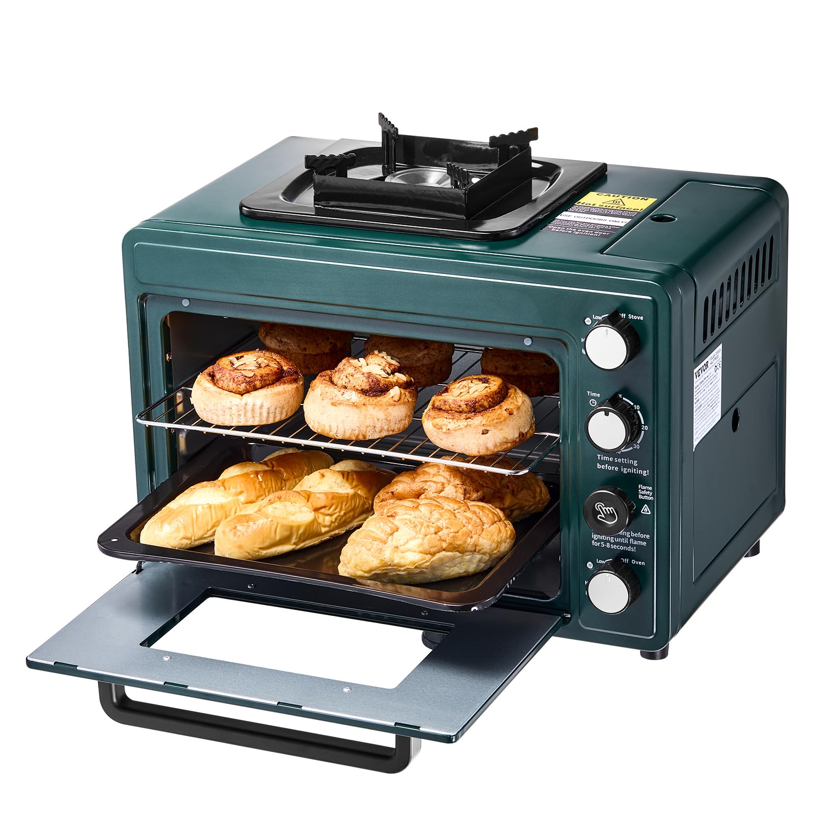 VEVOR Outdoor Ofen 2 in 1 tragbarer Campingofen, einstellbare Feuerrate, 60-Minuten-Timer, winddicht, mit Grillrost und Bratblech, für Campingausrüstung Picknick im Garten Kochen im Freien