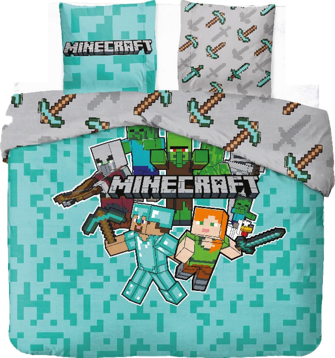 Parure de lit Minecraft housse de couette 240x220 et taies d'oreiller