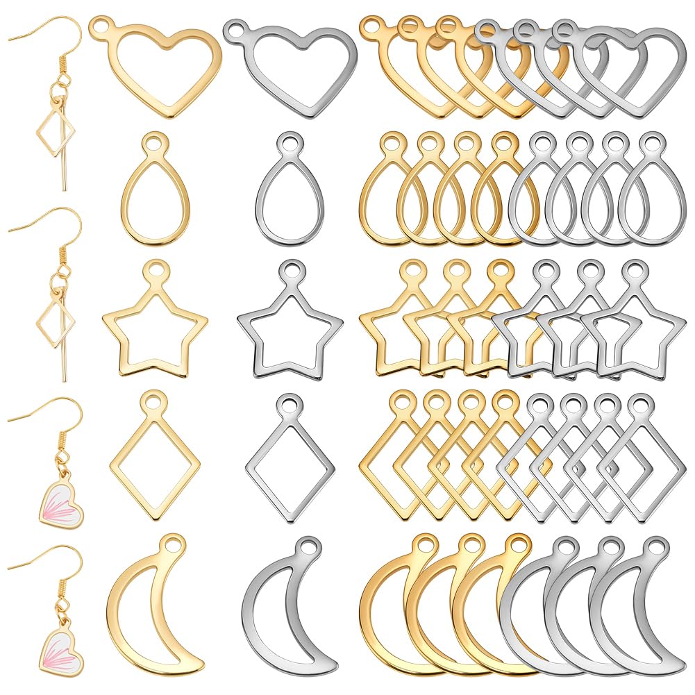 10 Styles Open Bezels Charms 100pcs Moon Star Pendant Resin Bezels Charm 304 Stainless Steel Heart Hollow Frame Charms for Valentine's Day Jewellery Making Necklace Earrings, 7-11x12-15mm