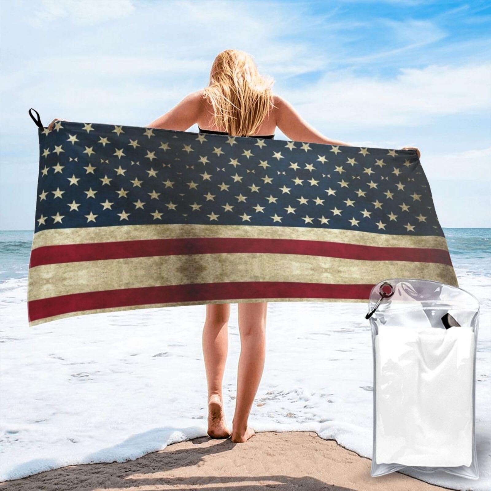 SDEGTHO American Flag Print Beach Towel Quick Dry Portable For Swimming Yoga Adults Fitness