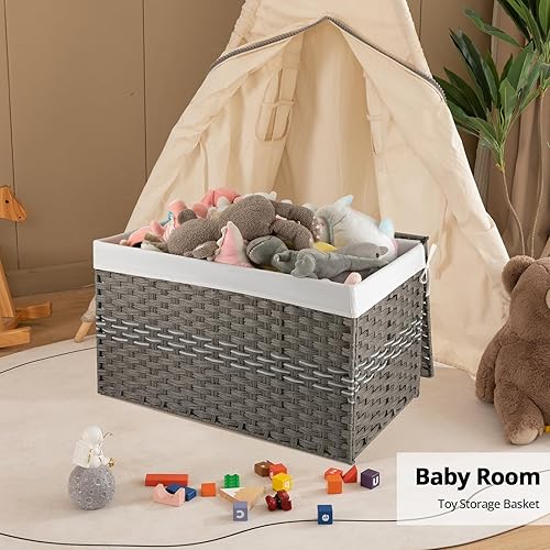 Miniatura 6 de OIAHOMY Cesta de almacenamiento grande con tapa, cesta de manta de 42.3 galones (160 L) con bolsa extraíble con forro, cesta de mimbre con asa,