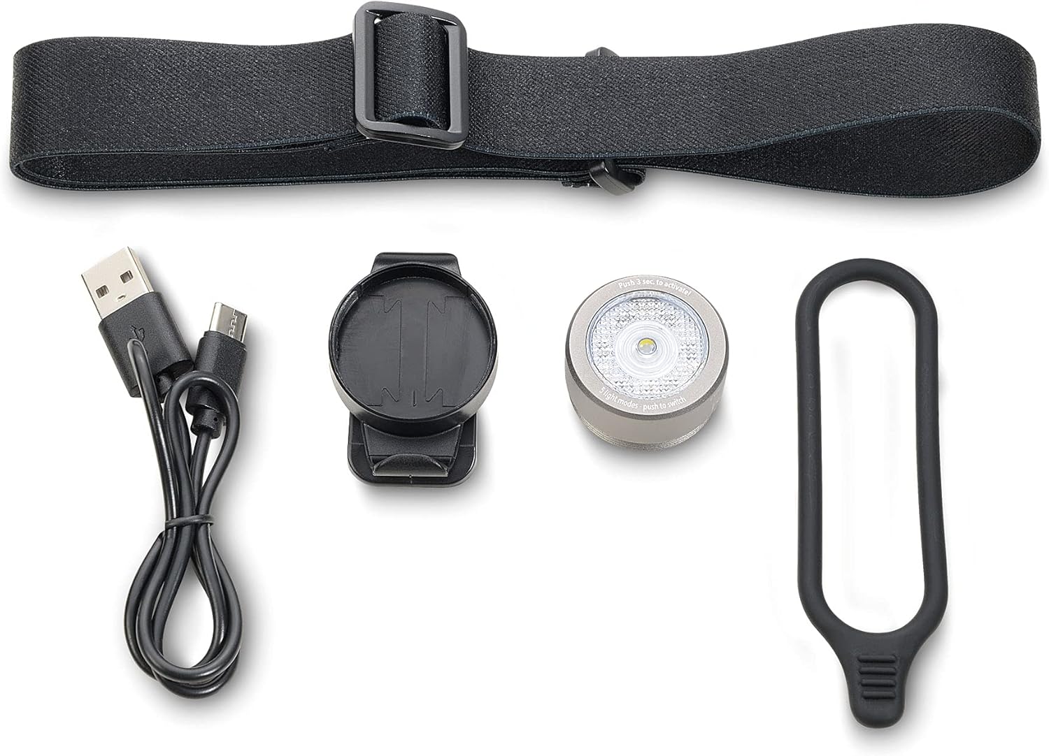Troika Torch Sports + Safety Light – ECO Run PRO – 5 Light funct.: 100% Light + 50% Light, contin. Glowing, Fast + Slowly Flashing – Belt Clip, Strap, Elastic Band – Alum., silic. – Titanium Coloured
