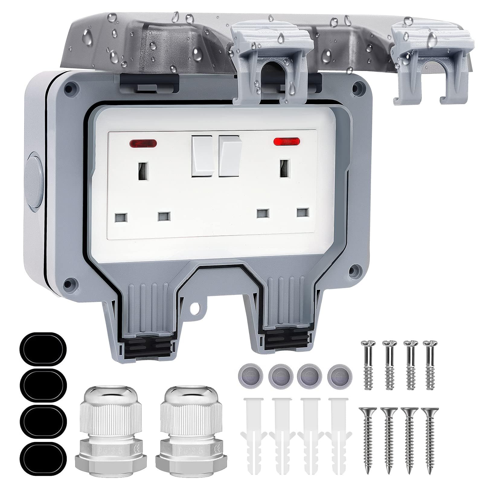 BIGTHREE Outdoor Double Socket Cover(Sockets Not Included), 13Amp 2Gang Storm Switched Power Socket Box, Waterproof and Dustproof, UV Resistant, Ideal for Garden Applications