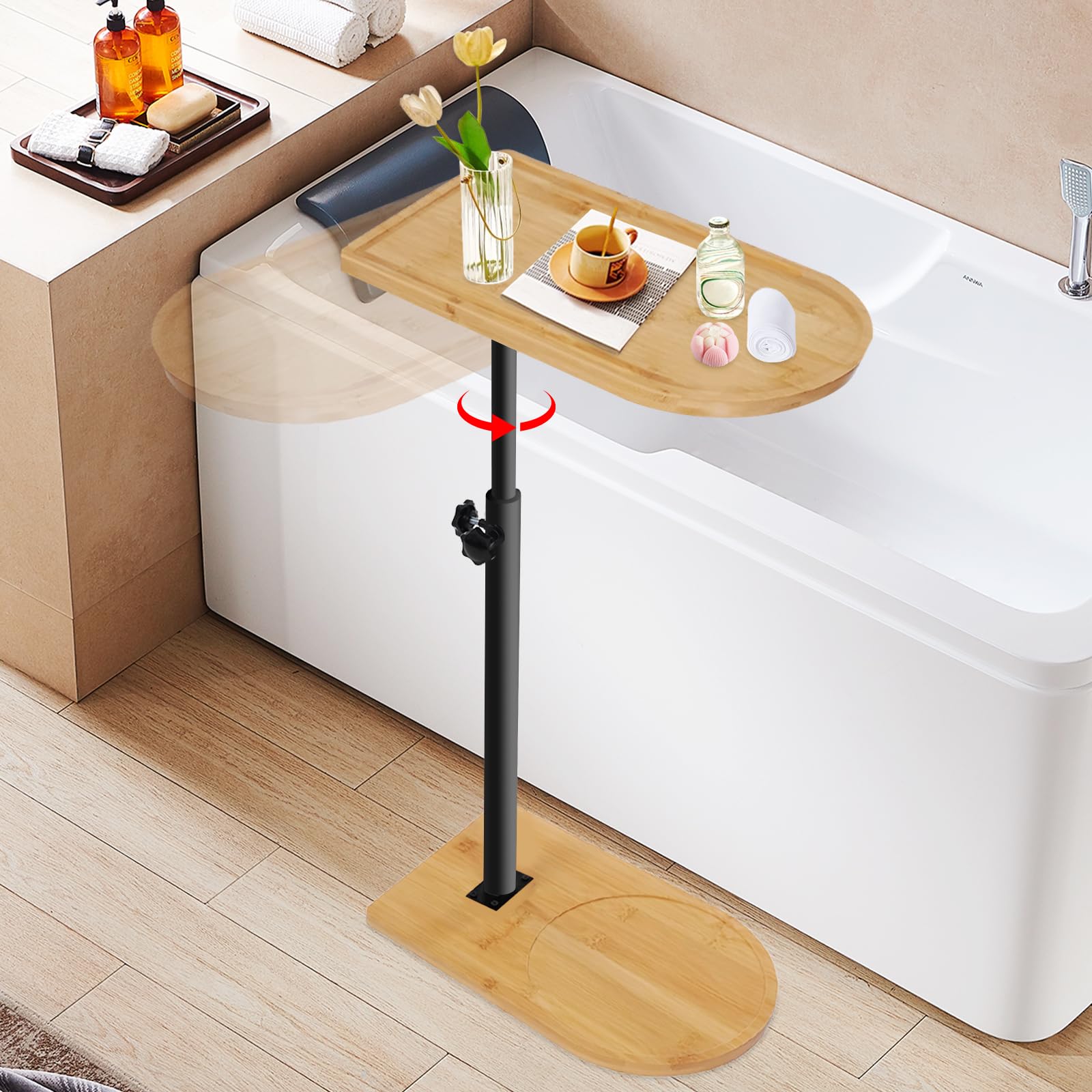 Table d'Appoint en Forme de C Réglable en Hauteur Petite Table Basse Latérale en Bambou et Métal Bout De Canape pour Salon, Salle de Bain, Lit, Canapé et Café (Style 2)