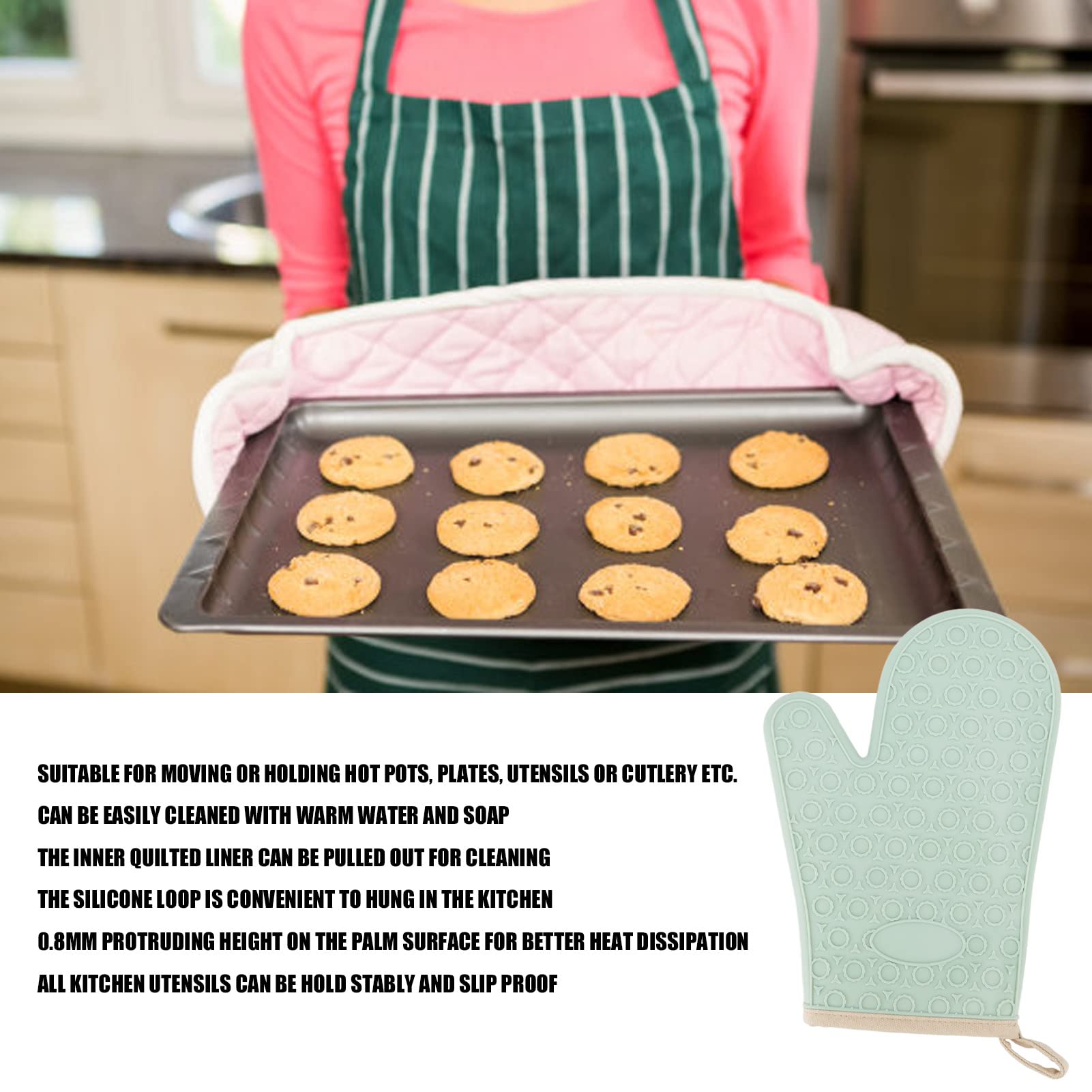 Ejoyous Guanto da Forno in Silicone, Impermeabile, Resistente Al Calore, con Fodera in Cotone, Guanto da Antiscivolo, per Contenere Pentole Calde, Piatti, Utensili Durante la cottura. (GREEN)