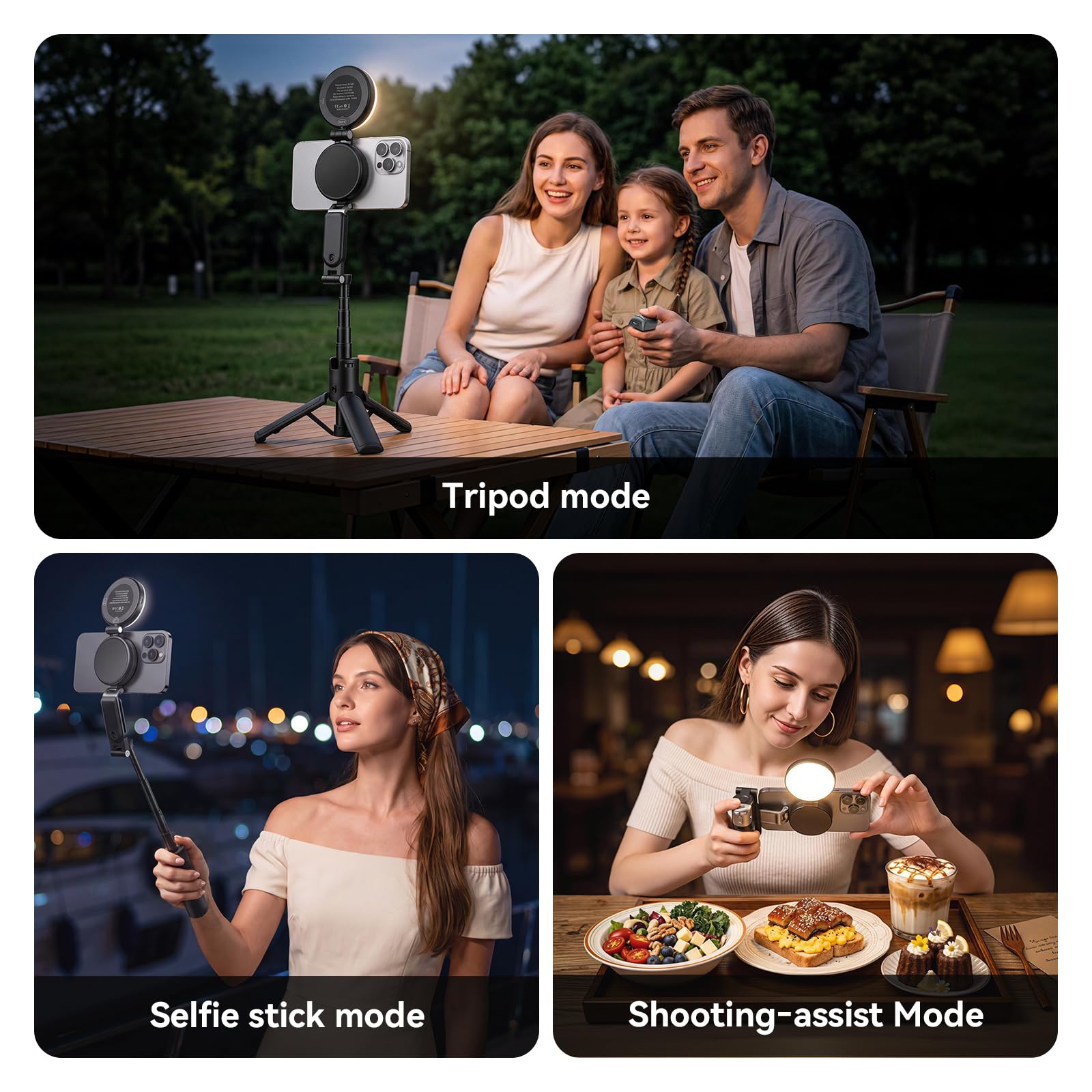 AMAZEAR Perche à Selfie magnétique trepied Smartphone - Blanc avec lumière