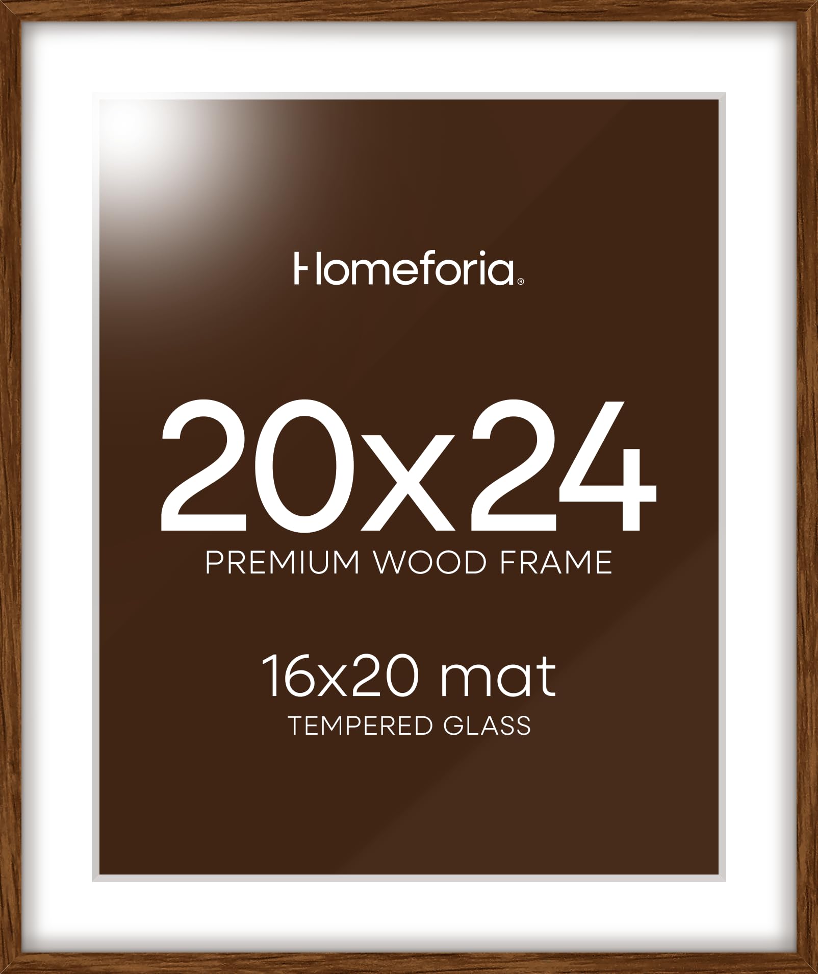 homeforia 20x24 picture frame brown, high end oak 20 x 24 poster wood frame matted to 16x20 photo, 24x20 walnut wooden frames for wall with mat 20x16, tempered glass, wall hook included, set of 1