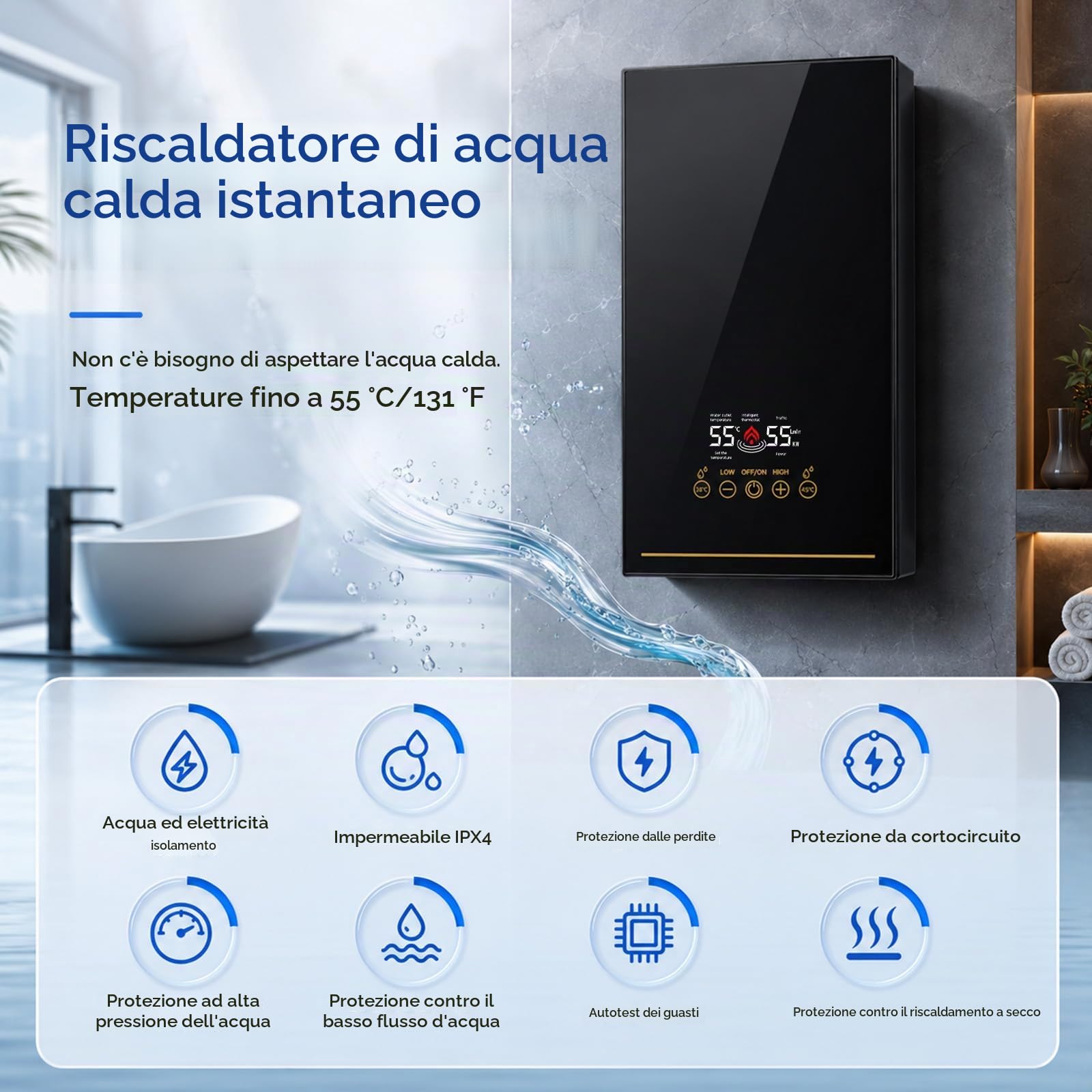 Mini Scaldabagno Istantaneo 5500 W, Scaldabagno Elettronico Istantaneo con Display a LED, Temperatura Regolabile 30 a 55 °C, Piccolo Scaldabagno Istantaneo per Doccia, Bagno, Cucina, Giardino