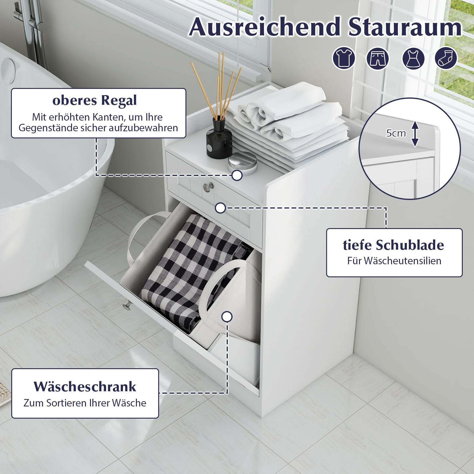 COSTWAY Kippbarer Wäscheschrank, freistehender Badezimmerschrank mit Regal, Schublade & abnehmbarem Wäschesack, moderner Badschrank mit Griffen für Badezimmer, Weiß (40,5 x 40 x 80 cm)