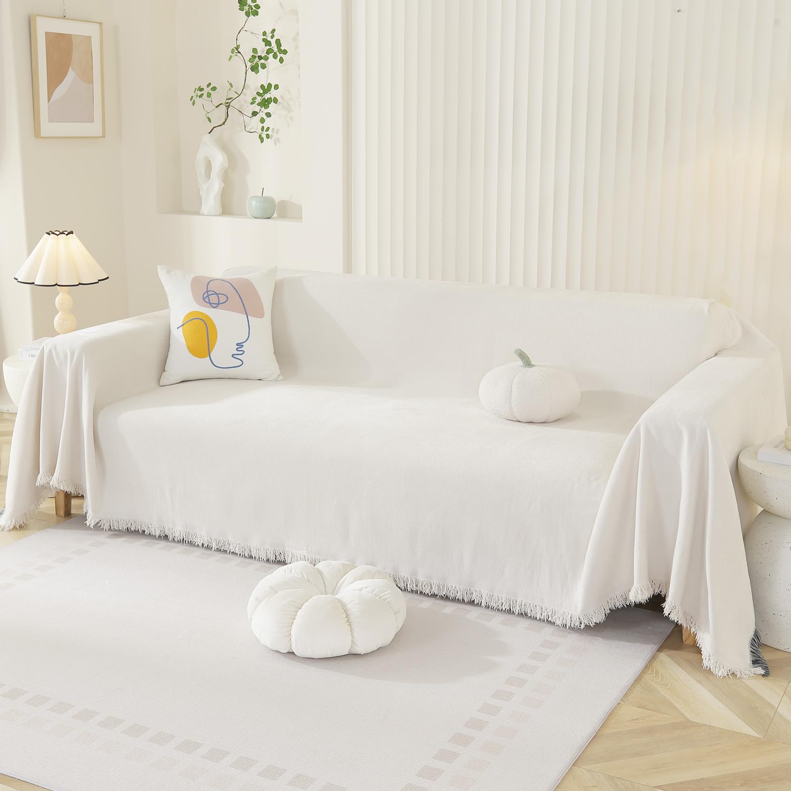 Royhom Manta Cubre Sofa, Funda Sofa 2 Plazas, Funda para Sofá Universal, Fundas Sofá de Chenille Antiarrugas con Borlas Decorativas(Beige Blanco, 180x260 cm)