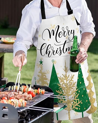 Miniatura 5 de Delantal con peto para árbol de Navidad verde y amarillo con bolsillos, impermeable, delantal ajustable para hombres y mujeres, copo de nieve de