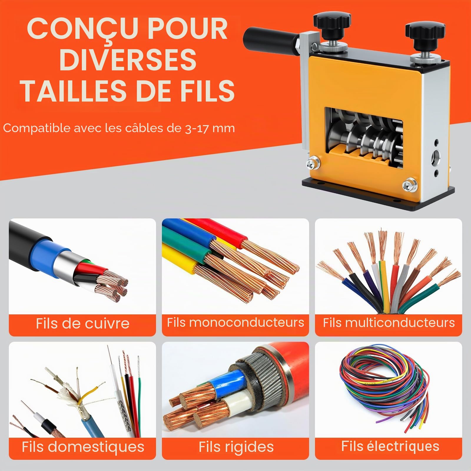 Denudeur Cable Electrique, Machine à Dénuder le Cuivre Manuelle avec 6 Canaux, Denudeur Cable pour 3 à 17 mm, Machine de Dénuder Cuivre Fils Mode Manuel et Automatique, jaune