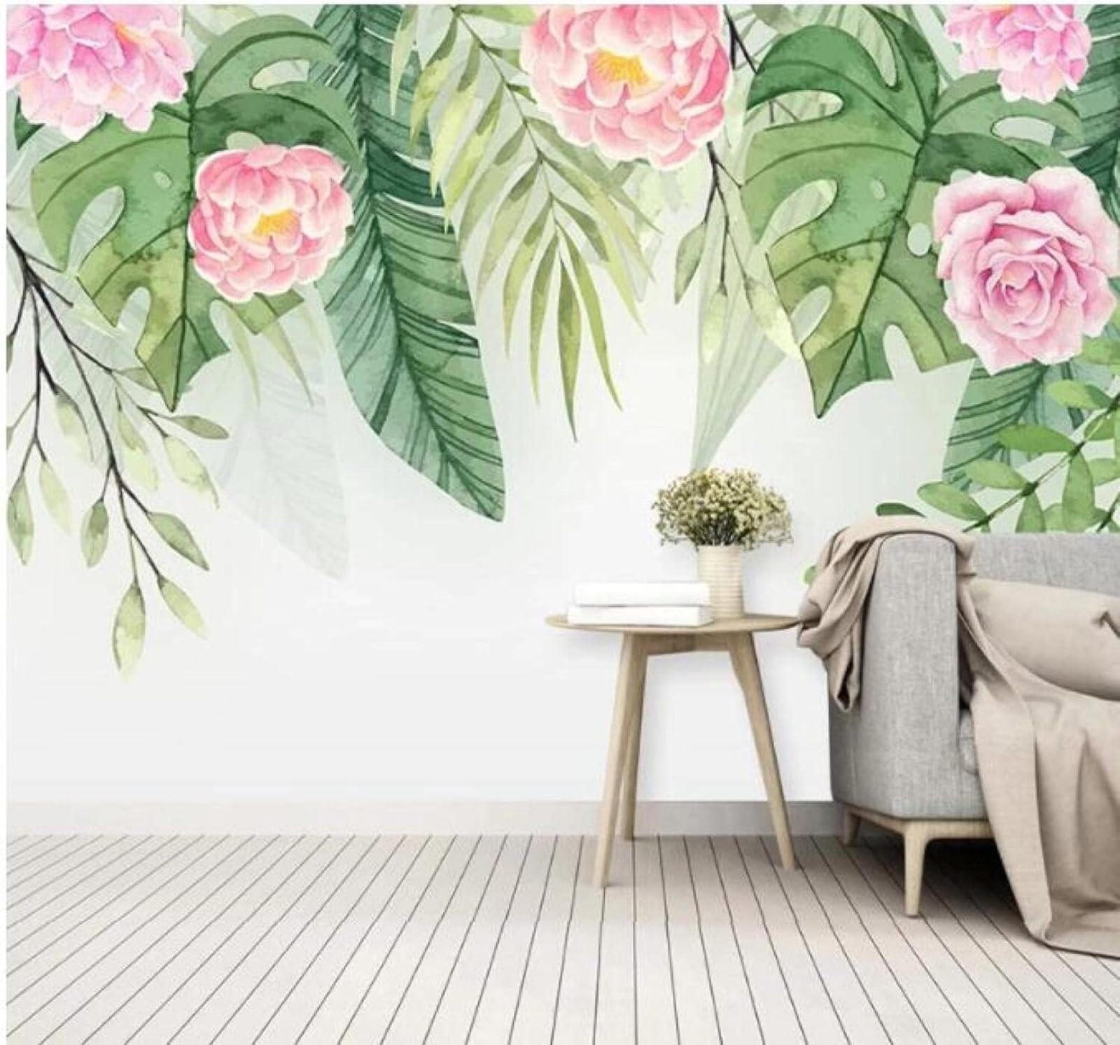 Xlming 250Cm×170Cm(B×H) Hand Drawn Green Leaves Pastoral Pink Flowers 3D Wallpaper Luxury Silk Study Dining Feature Sofa Grey Bedroom Living Room Tv Decorative Wall-250Cm×170Cm