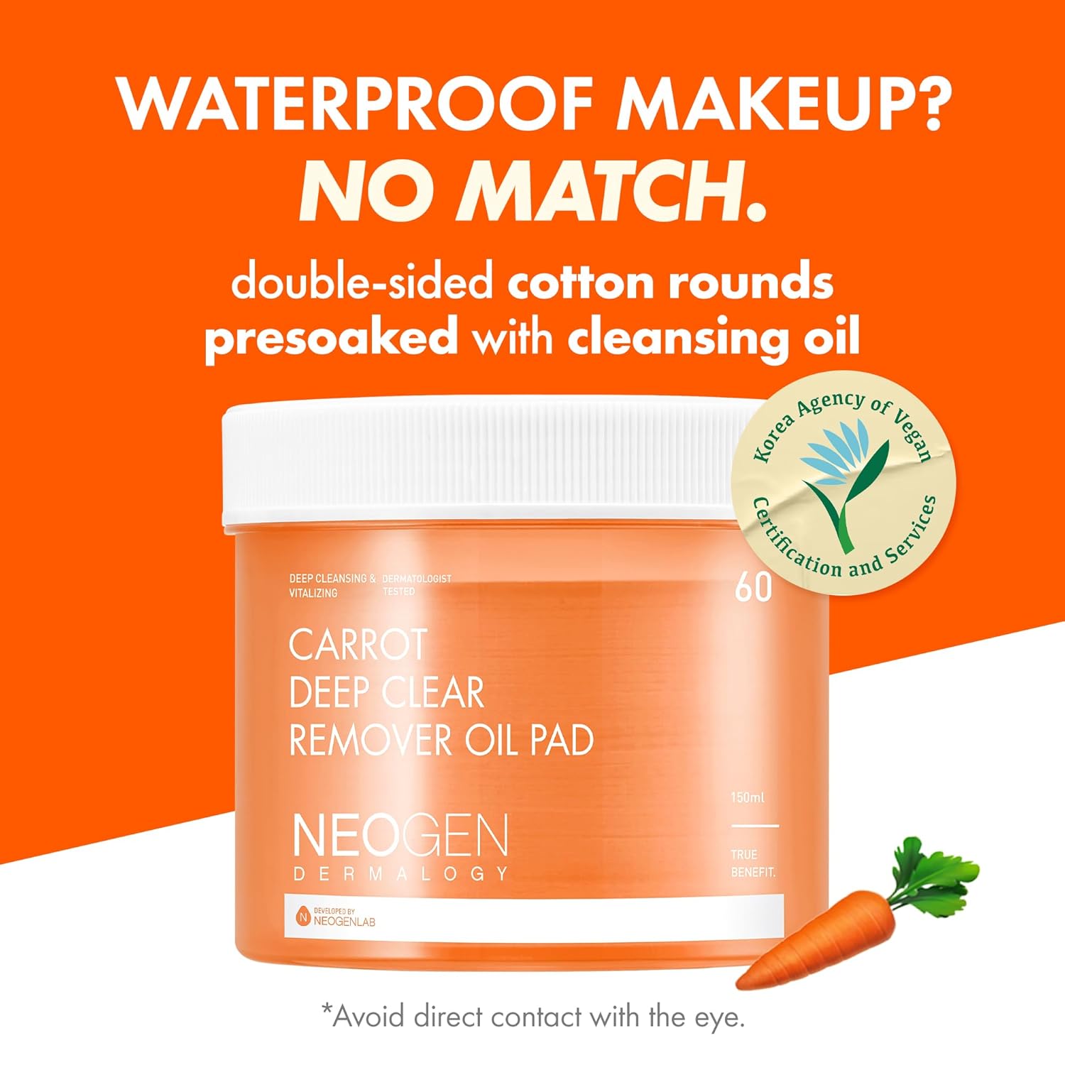 DERMALOGY by NEOGENLAB Carrot Deep Clear Remover Oil Pad (60 Pads) - Facial Oil Make Up Remover Cotton Pad for Sensitive Skin, Gently Removes Waterproof Makeup & Impurities, Alcohol-Free