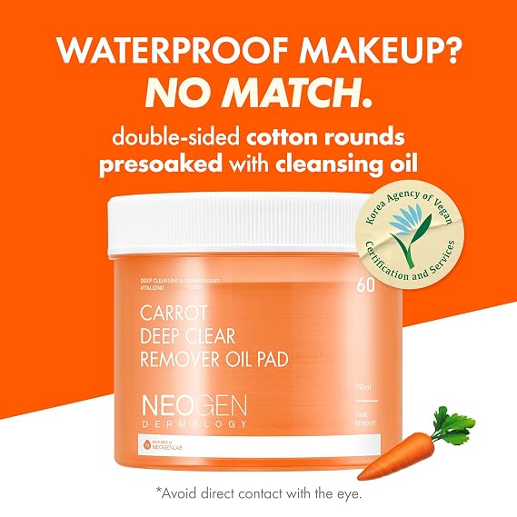 DERMALOGY by NEOGENLAB Carrot Deep Clear Remover Oil Pad (60 Pads) - Facial Oil Make Up Remover Cotton Pad for Sensitive Skin, Gently Removes Waterproof Makeup & Impurities, Alcohol-Free