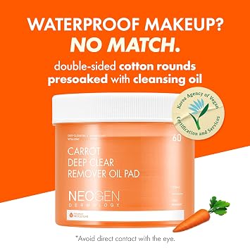 DERMALOGY by NEOGENLAB Carrot Deep Clear Remover Oil Pad (60 Pads) - Facial Oil Make Up Remover Cotton Pad for Sensitive Skin, Gently Removes Waterproof Makeup & Impurities, Alcohol-Free