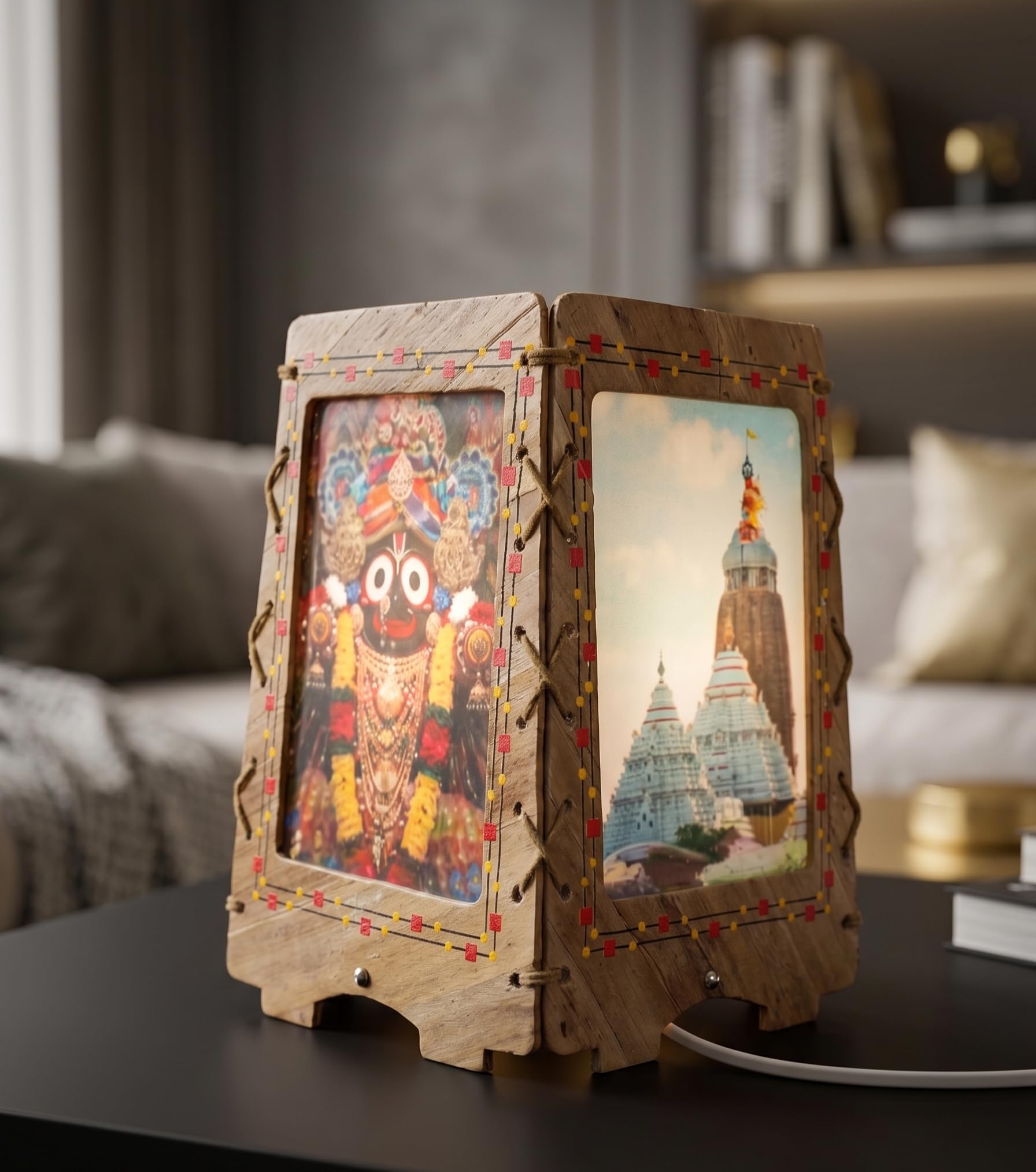Antique Hyacinth Handmade Jagannath Dev Theme Lamp | Handcrafted Design, Devotional Decor, 4-Sided Art Panels, Table Lamp, Rustic Finish-image-2