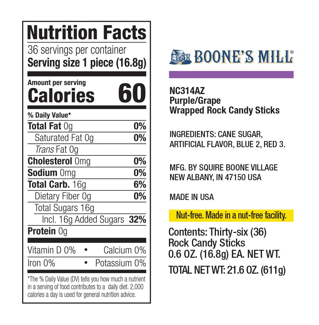 Boone's Mill | Rock Crystal Candy Sticks | Purple Grape | 36 Sticks